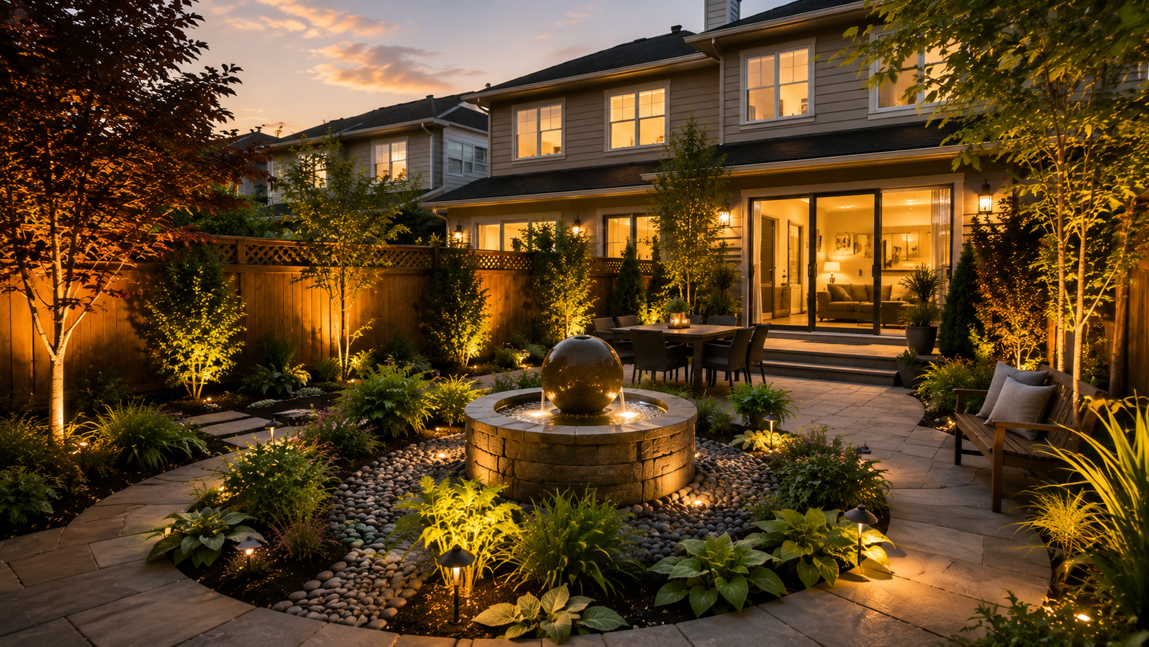 A duplex backyard with a small stone fountain surrounded by leafy plants and soft golden lighting for a peaceful vibe