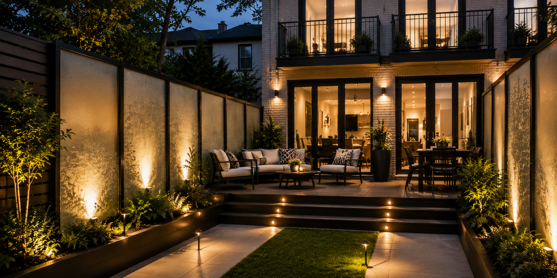 A duplex patio enclosed with frosted glass panels framed in black metal, with evening ambient lighting highlighting the texture