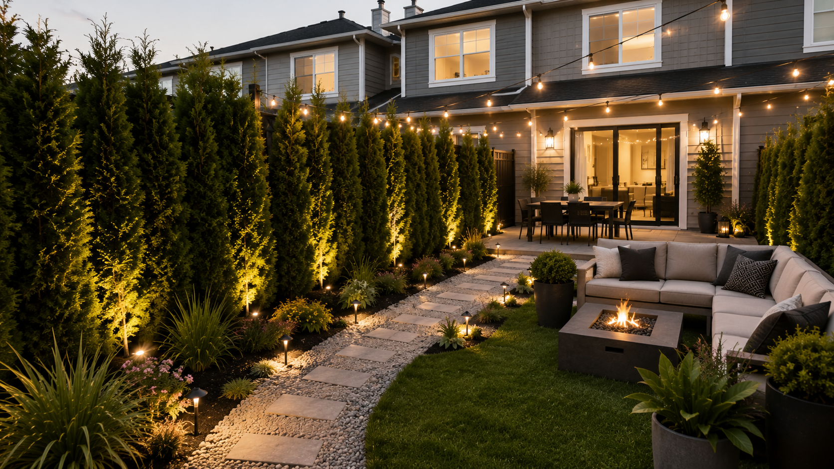 A duplex backyard featuring dense evergreen hedges along property lines with a gravel path and cozy seating area
