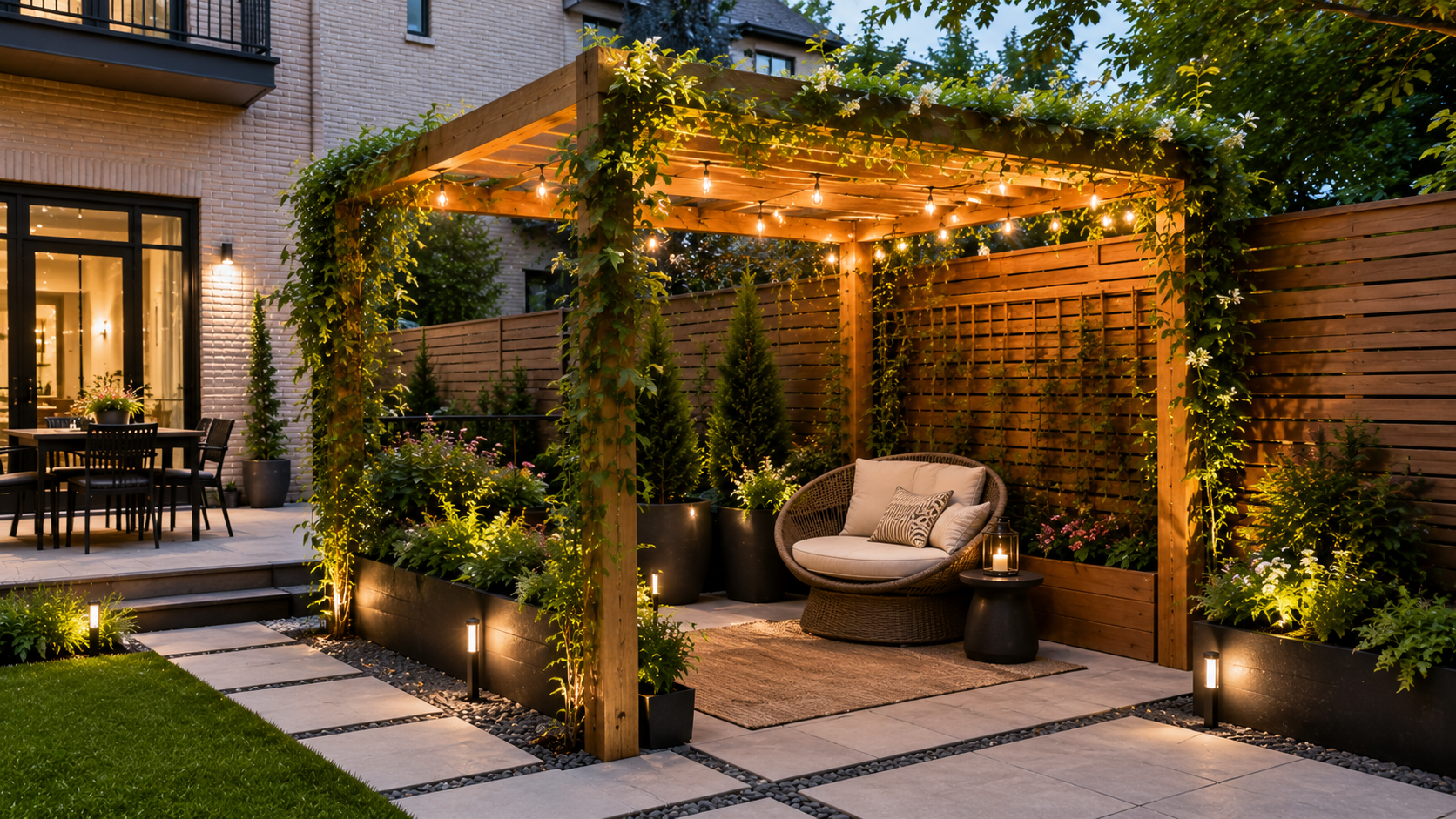 A corner pergola in a duplex backyard surrounded by climbing plants, hanging lights, and a cozy chair for relaxation