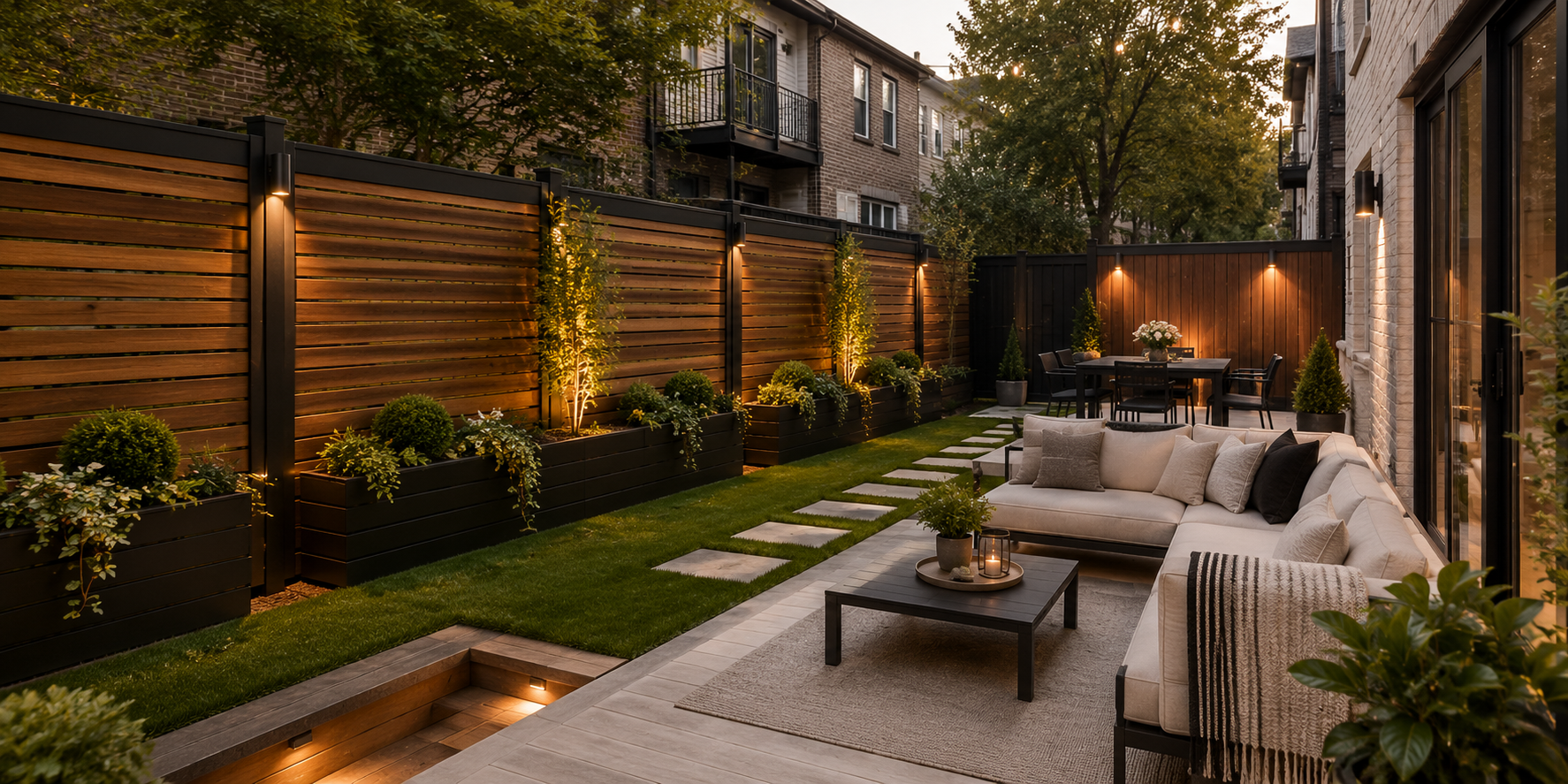 A duplex backyard fence blending wood slats, black metal framing, and built-in planters illuminated by warm garden lights