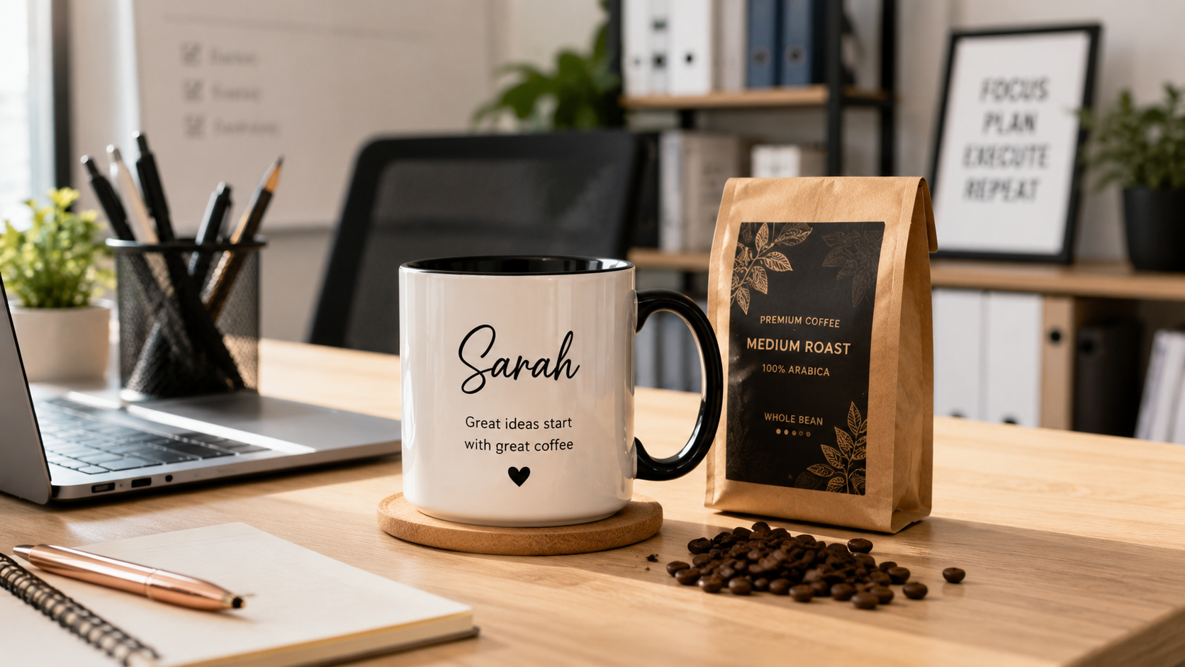 A personalized ceramic coffee mug with a coworker’s name and a small pack of coffee beans on an office desk