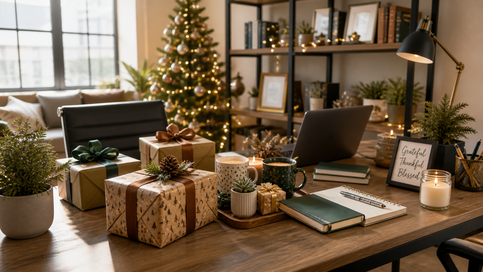 A cozy office setting with wrapped gifts on a desk—mugs, notebooks, candles, and plants surrounded by warm lighting and subtle festive décor. 16:9 ratio, realistic, natural daylight.