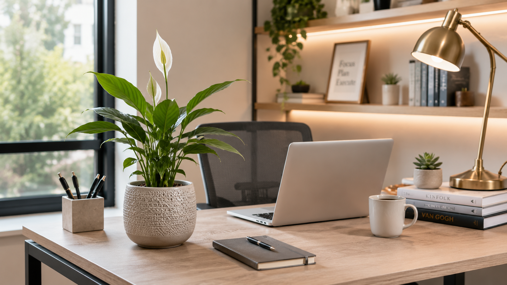 A small potted succulent or peace lily on a clean office desk with soft natural light and modern décor