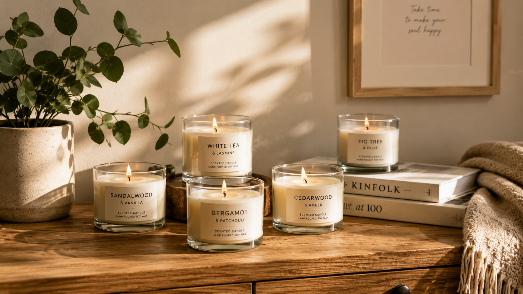 A collection of minimalist scented candles in glass jars on a wooden surface with cozy lighting and soft shadows