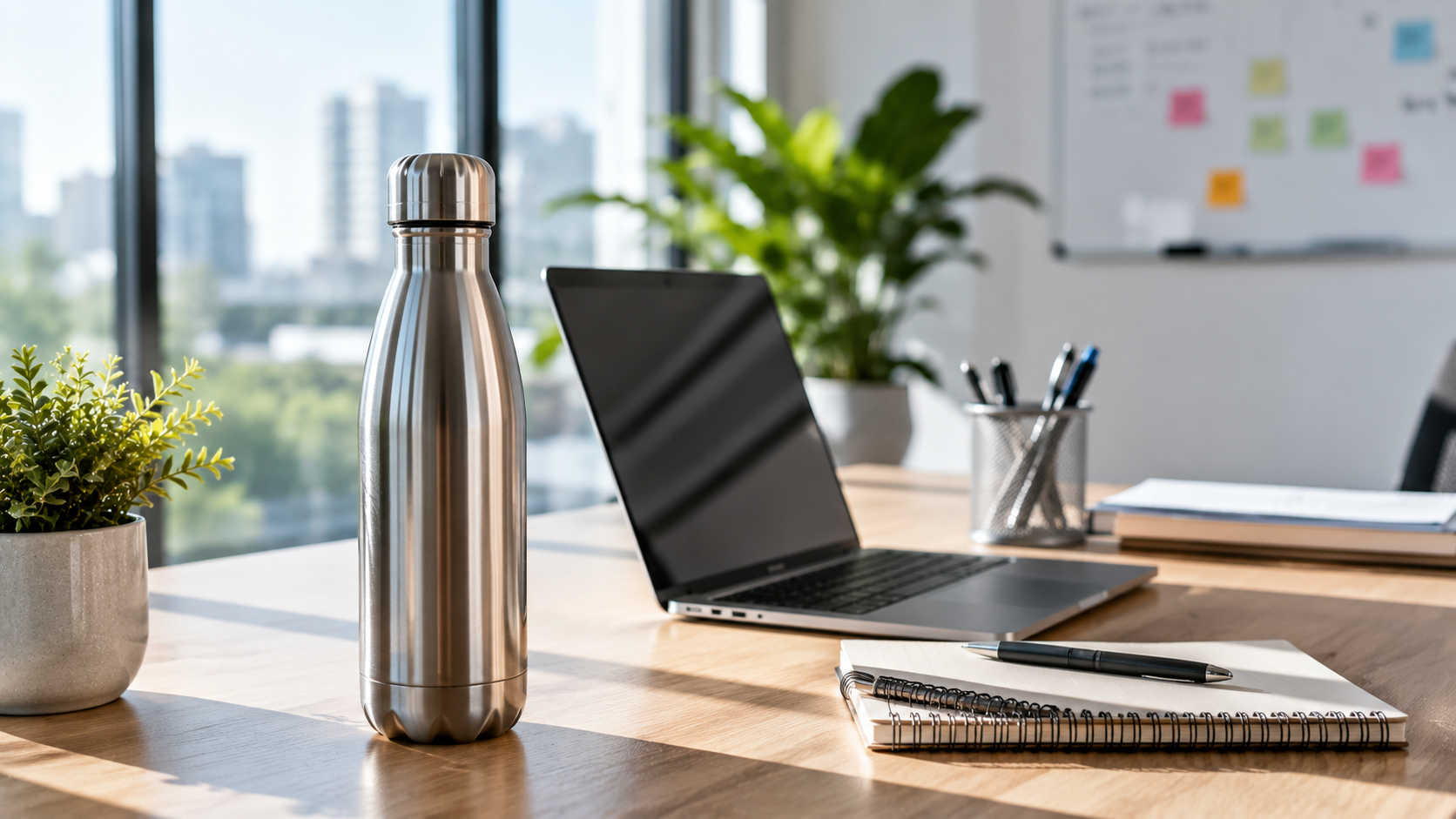 A stainless steel reusable water bottle on an office table beside a laptop and notebook, bright daylight