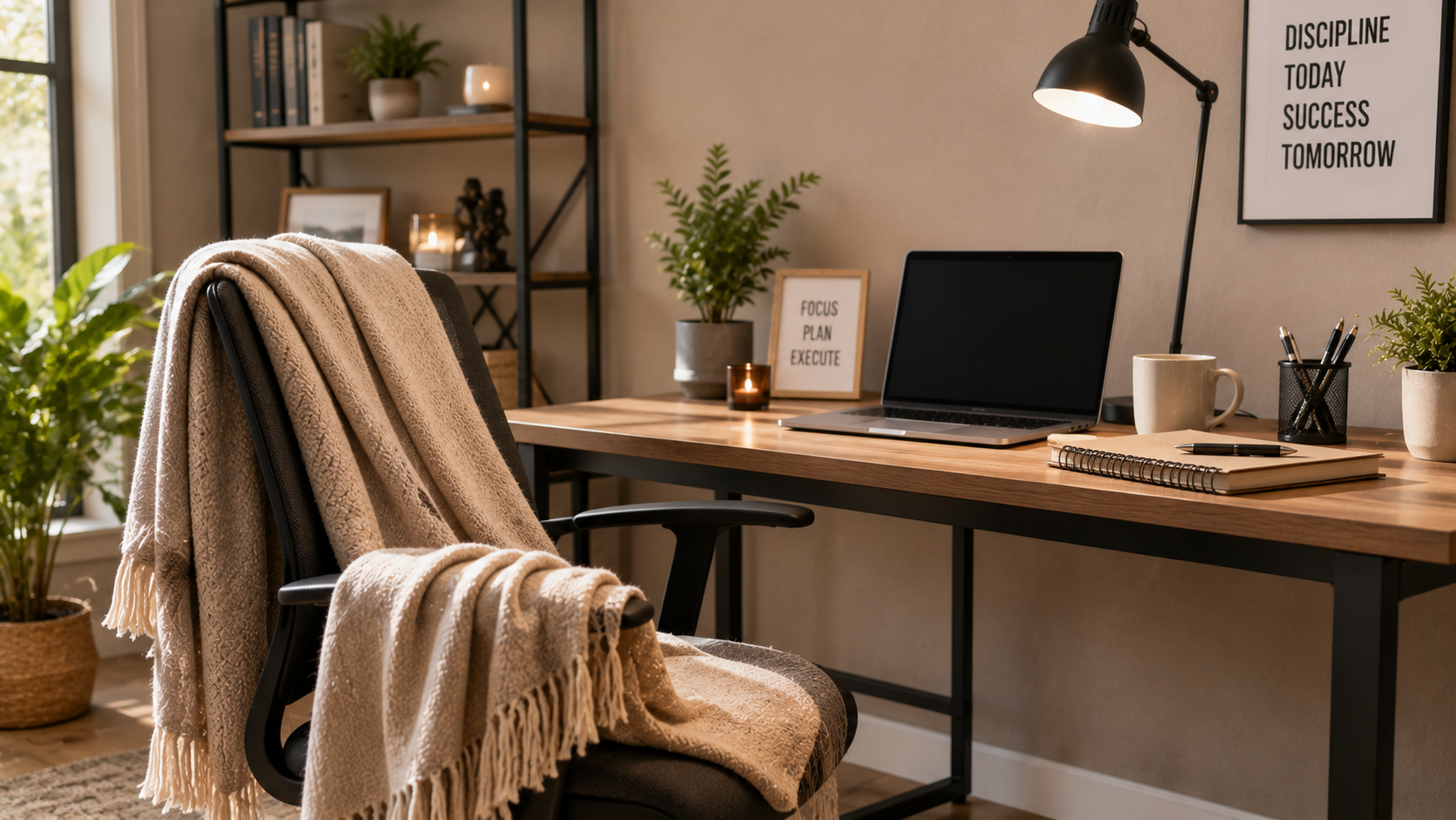 A neatly folded beige office blanket draped over a chair in a cozy workspace with subtle décor.