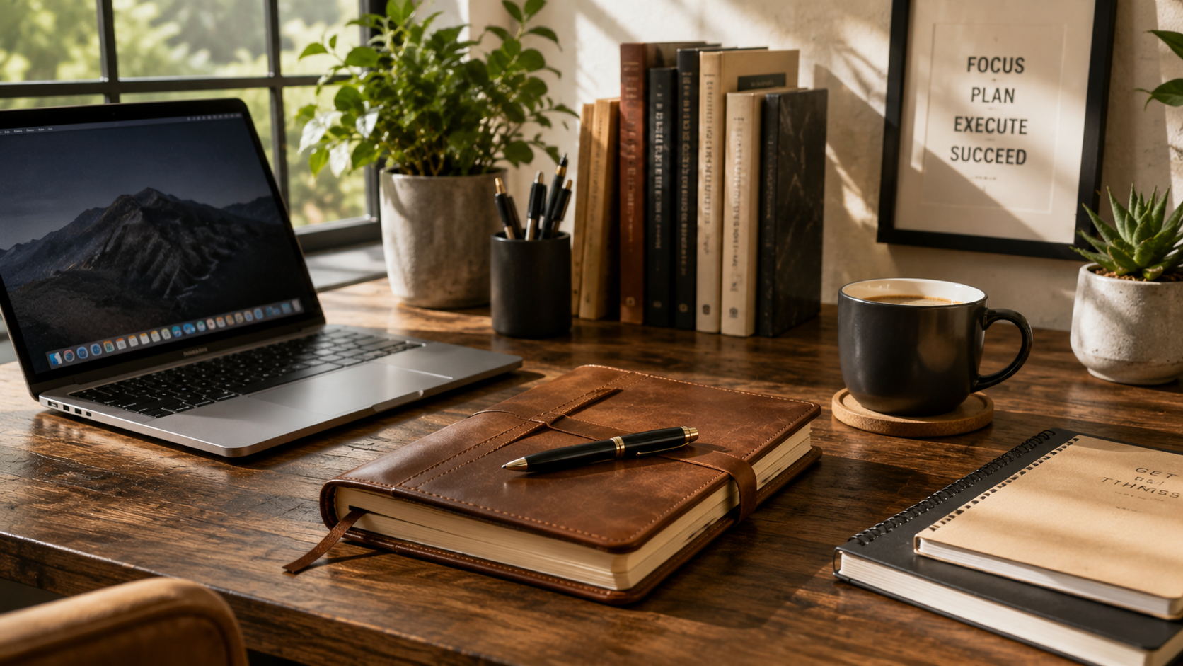 A leather-bound journal with a sleek pen placed on a wooden desk near a laptop and a cup of coffee