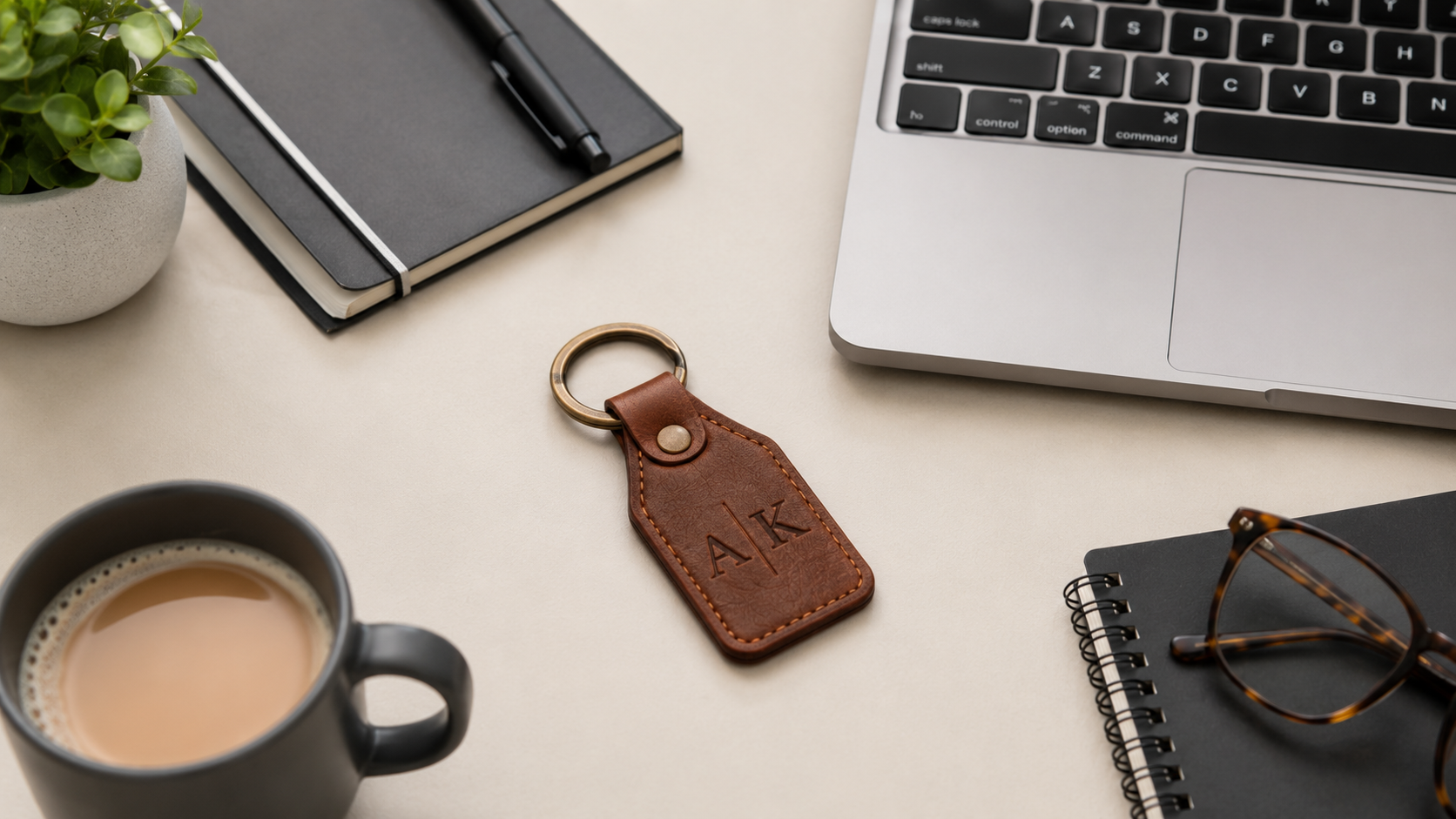 A minimalist leather keychain engraved with initials is placed beside office essentials on a clean desk
