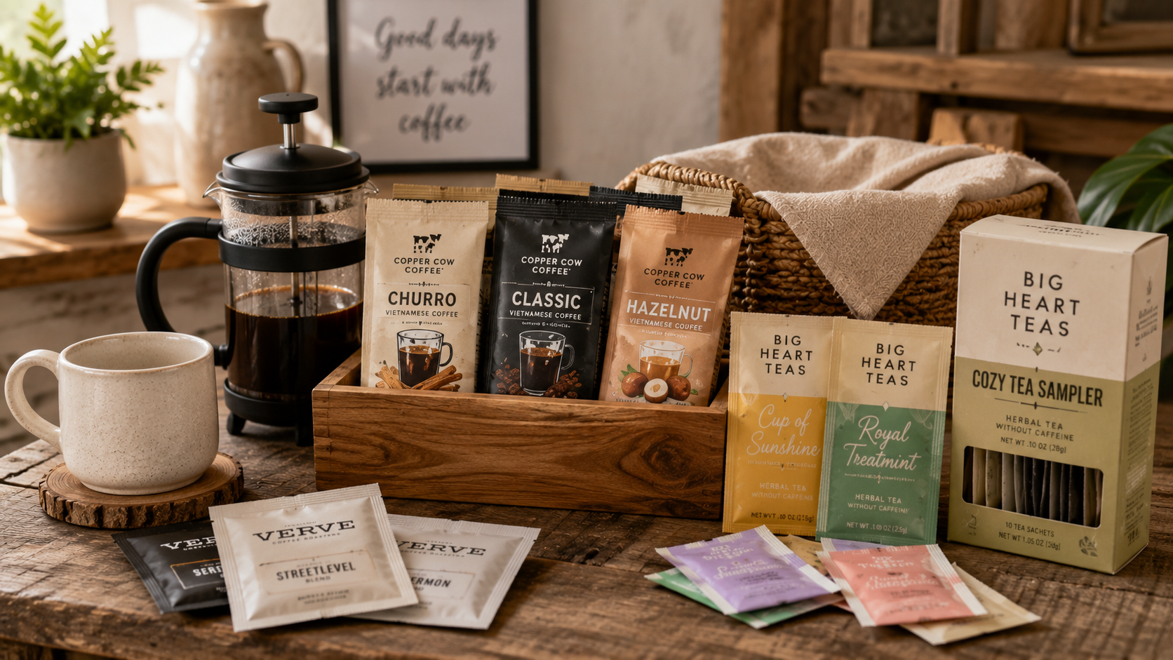 A small assortment of coffee and tea sampler packs is arranged with a mug and coffee press on a rustic table