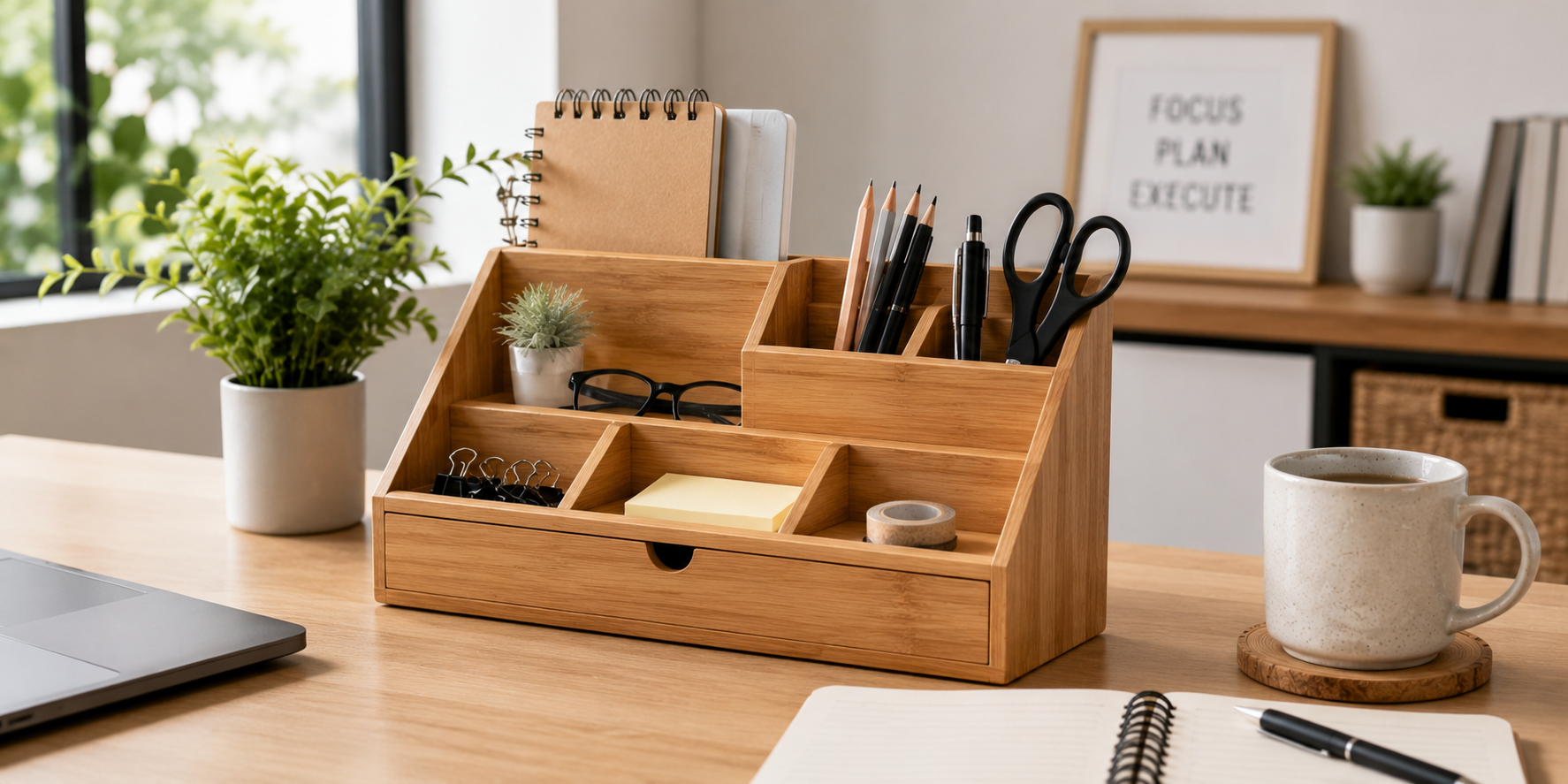 A modern wooden desk organizer with compartments for stationery and small office supplies, minimalist desig
