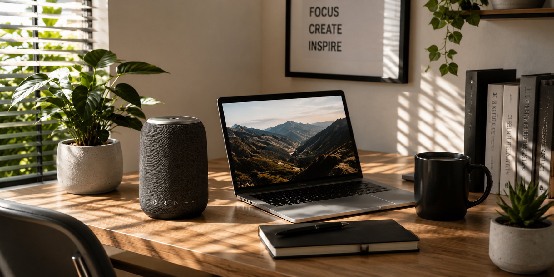 A compact Bluetooth speaker on a modern desk with a laptop, greenery, and sunlight filtering through blinds.