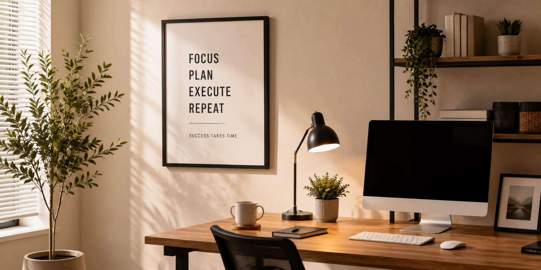 A minimalist framed office quote print on a wall near a desk setup, warm lighting, and neutral décor.
