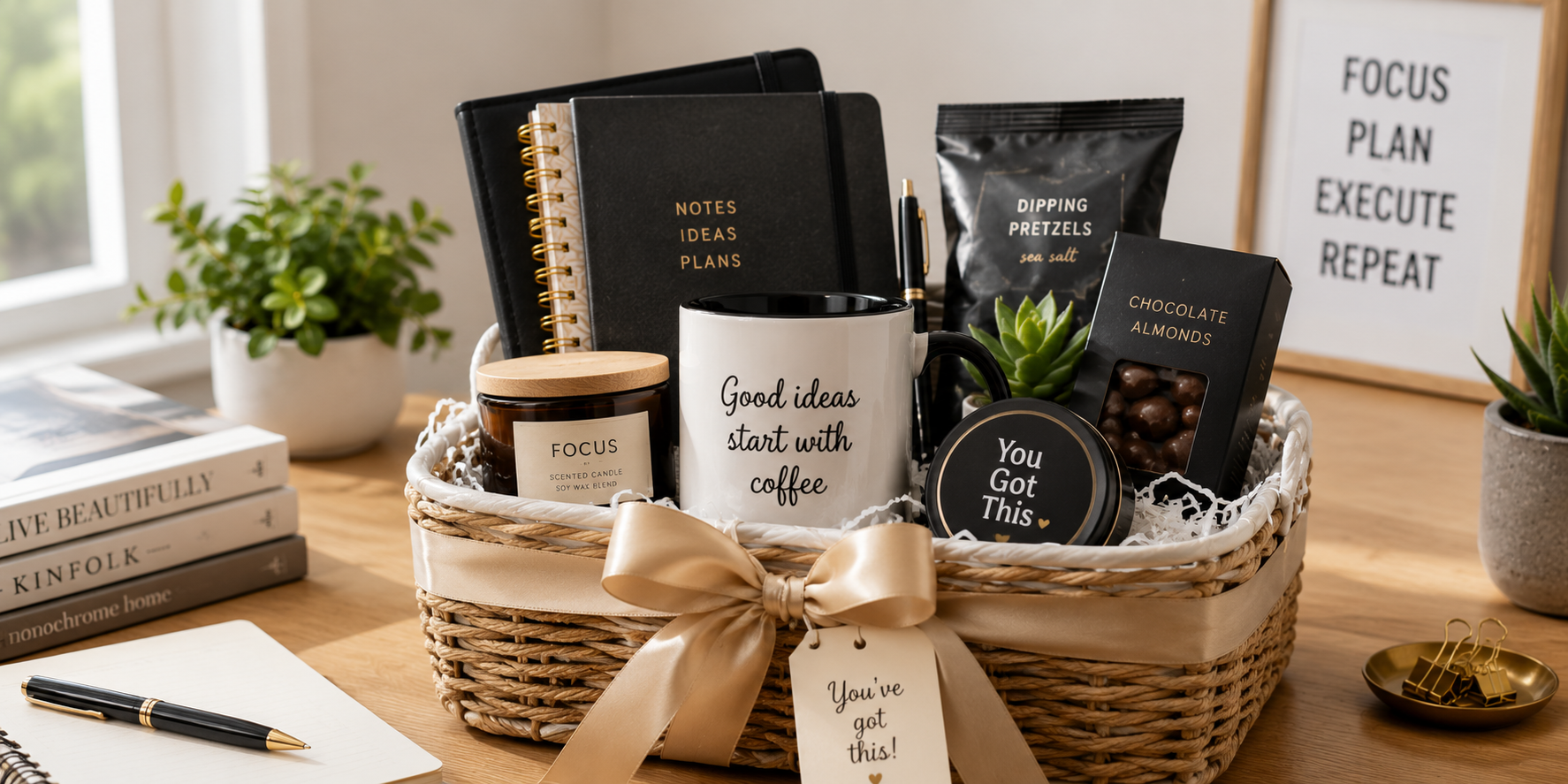 A DIY gift basket filled with office-themed items—mug, snacks, candles, and notebooks—wrapped in ribbon