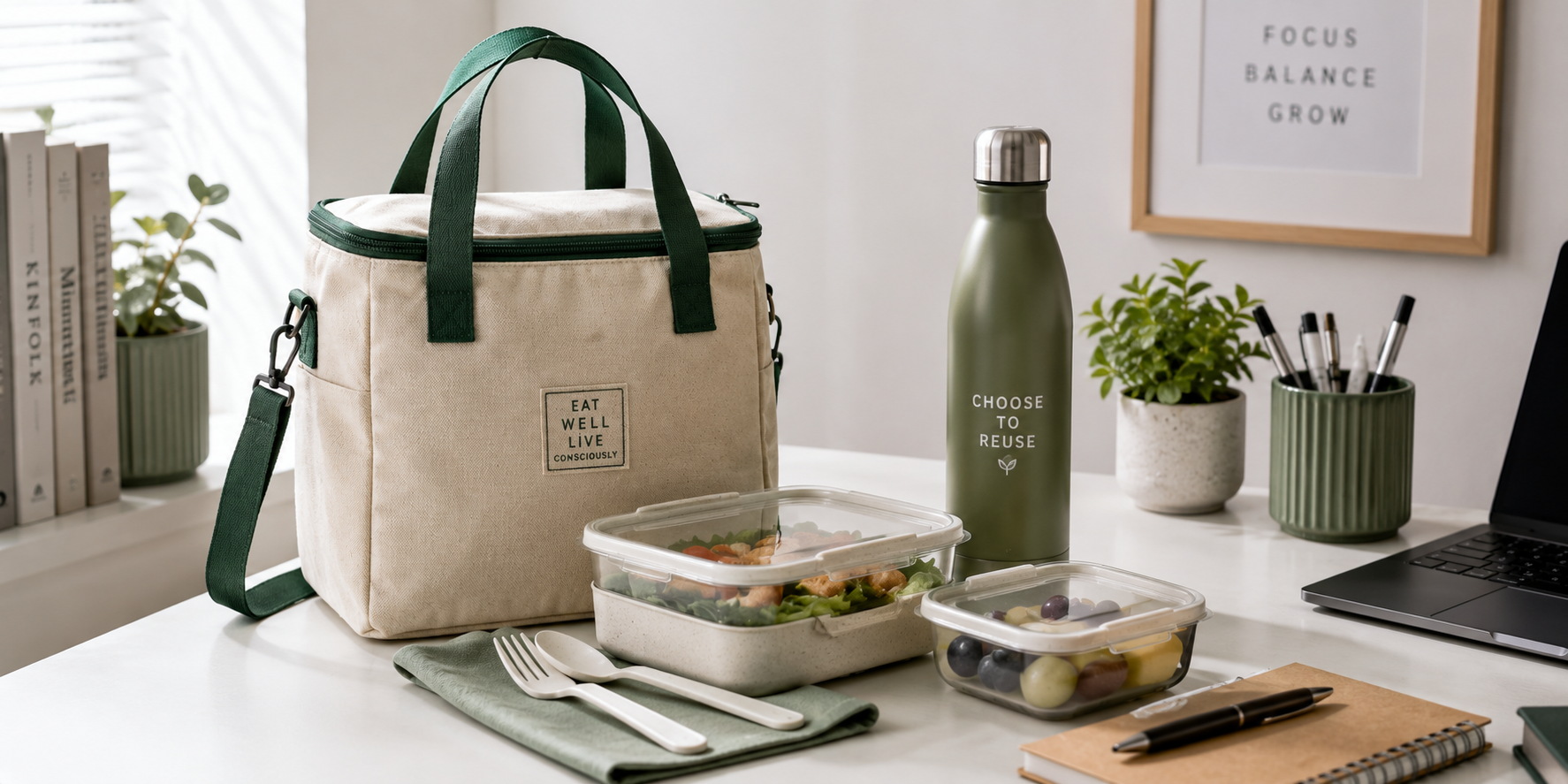 A reusable insulated lunch tote with eco-friendly food containers and a water bottle on a clean desk surface