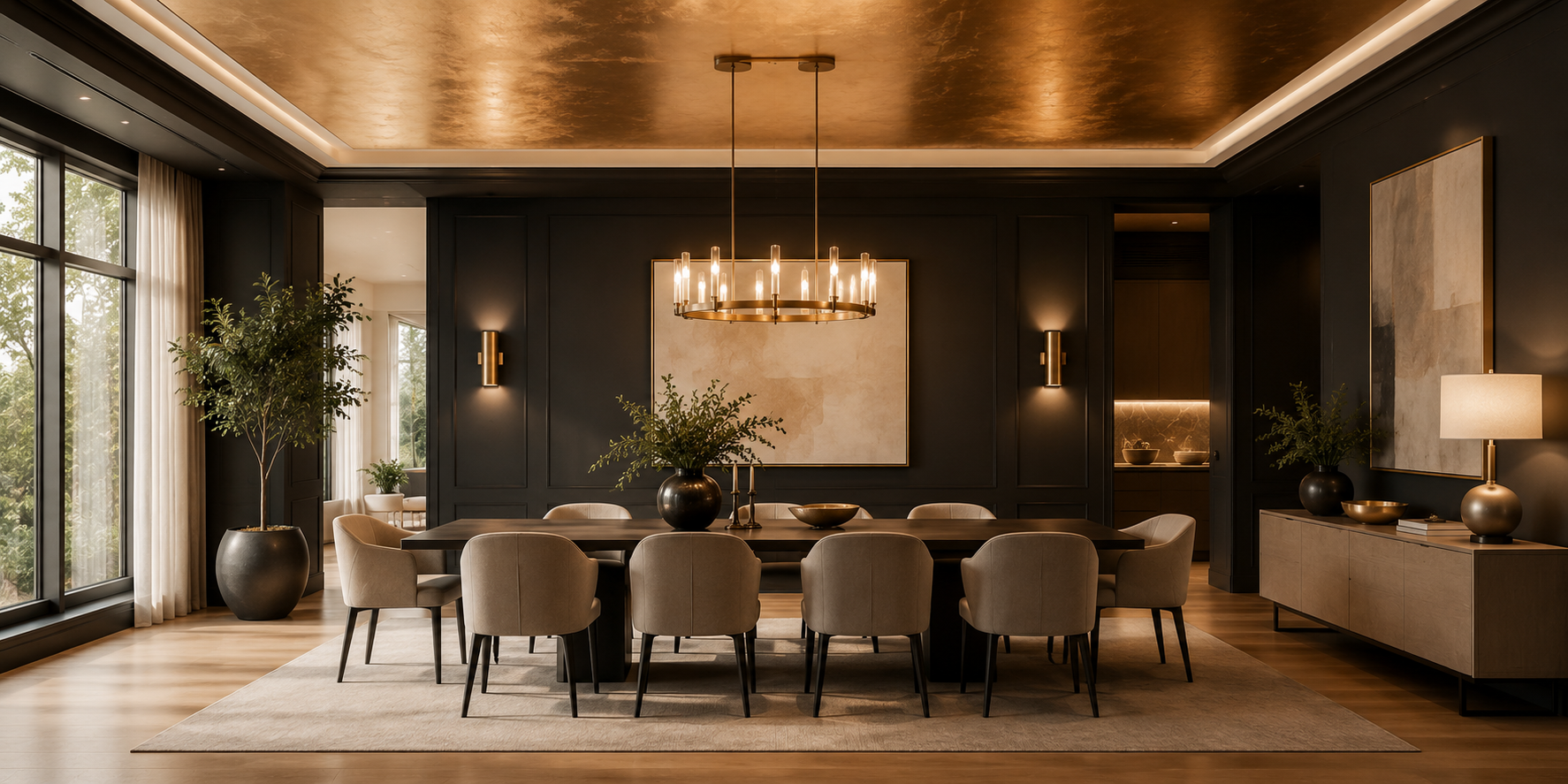 Contemporary dining room with soft gold metallic ceiling finish, warm lighting, and dark matte walls for elegant contrast.