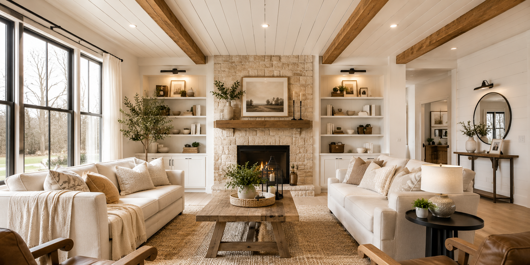 Cozy modern farmhouse living room with white shiplap ceiling, natural wood beams, and soft neutral décor.