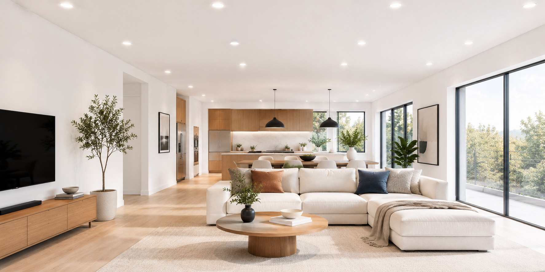 Bright living space with newly installed smooth drywall ceiling painted pure white, featuring recessed lighting and minimalist furnishings.