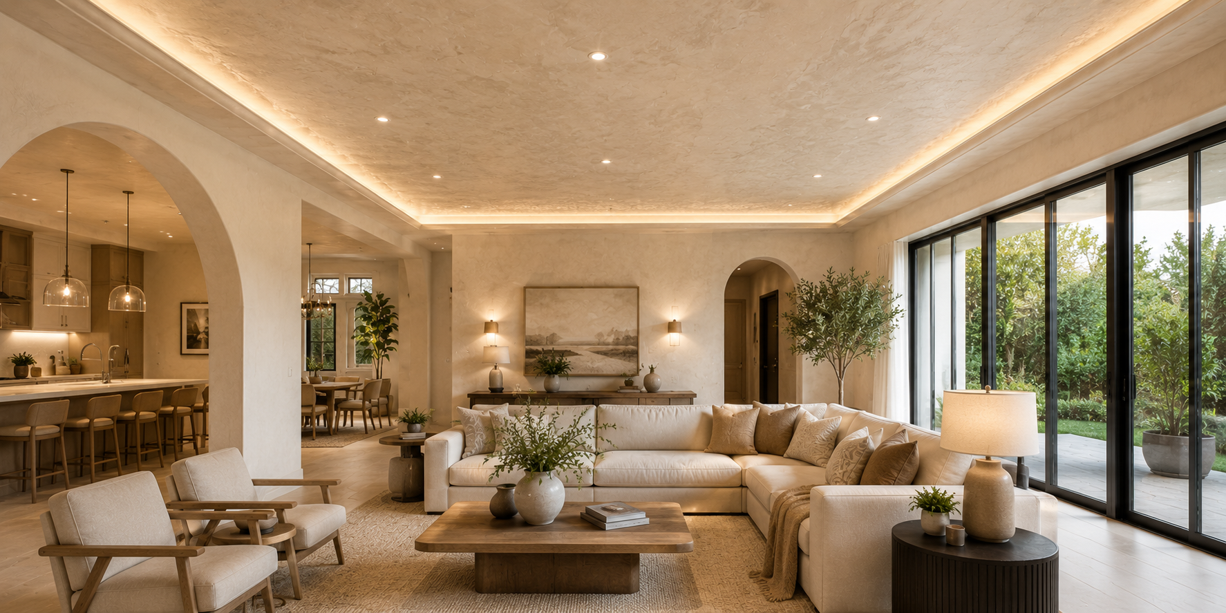 Elegant living room with light plaster-textured ceiling, soft neutral palette, and warm ambient lighting highlighting the natural variations.