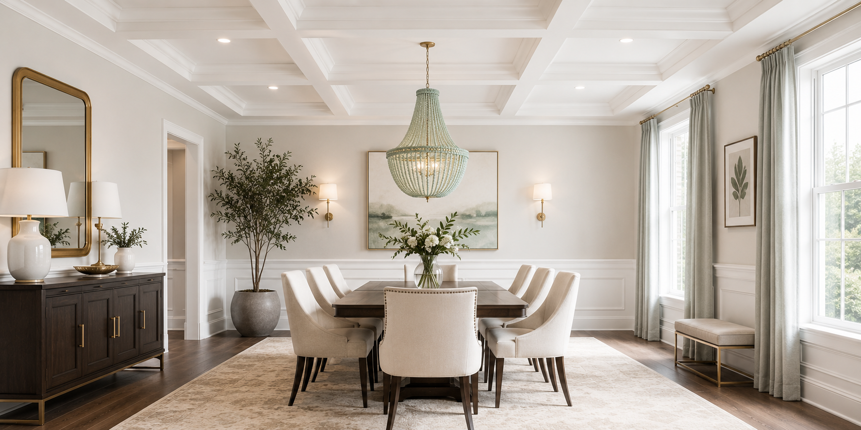 Sophisticated dining room with white coffered ceiling tiles, modern chandelier, and soft neutral wall tones.