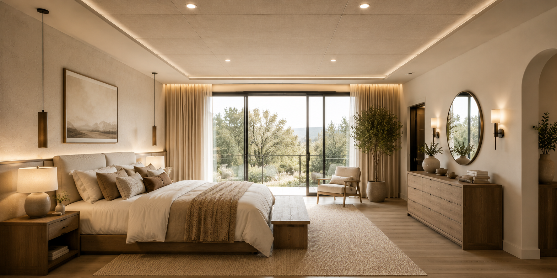 Modern bedroom with stretched linen ceiling panels in warm beige tones, layered lighting, and cozy minimalist décor.