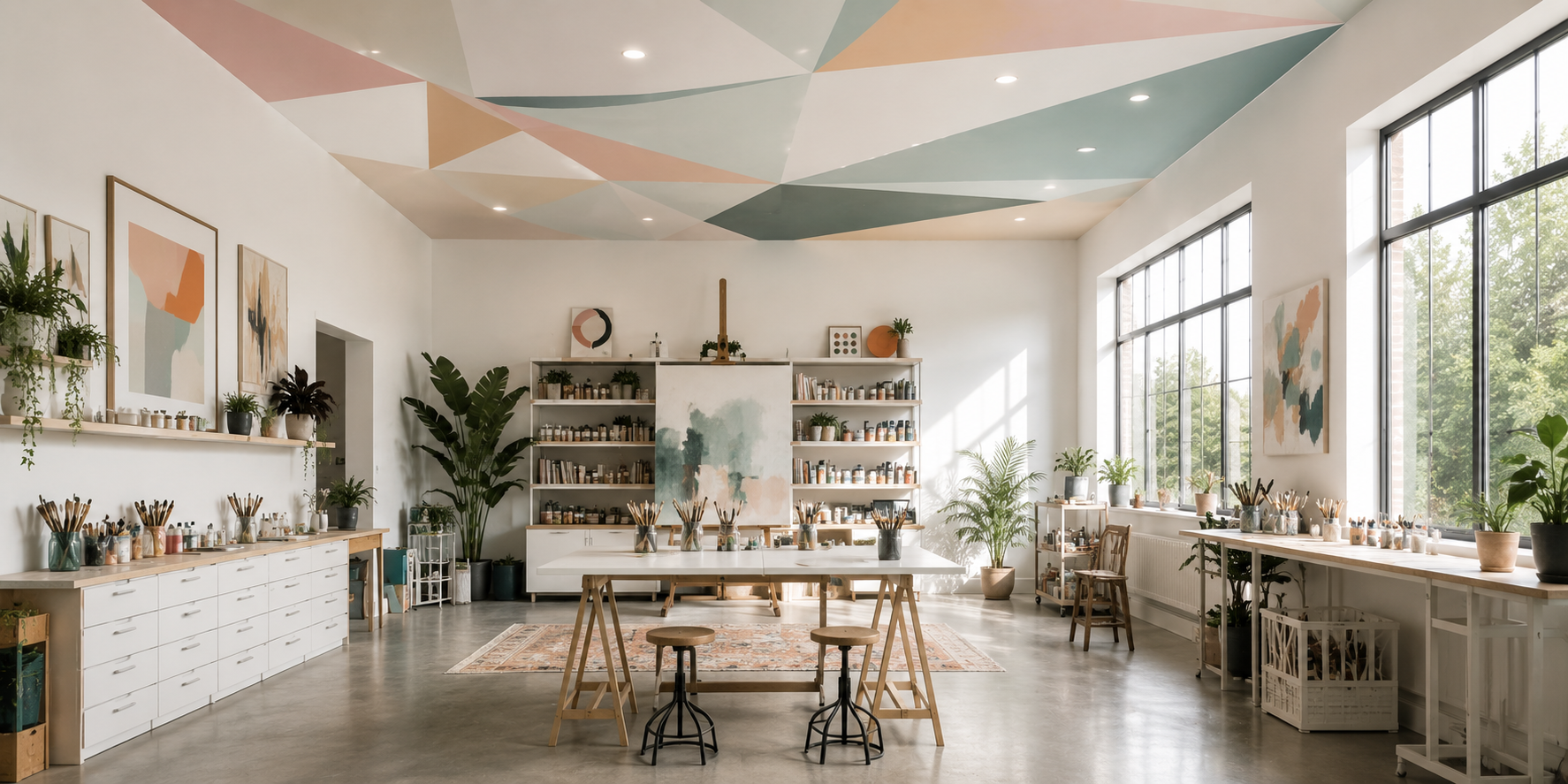 Artistic studio space featuring a geometric painted ceiling in soft pastel hues, paired with white walls and natural light.