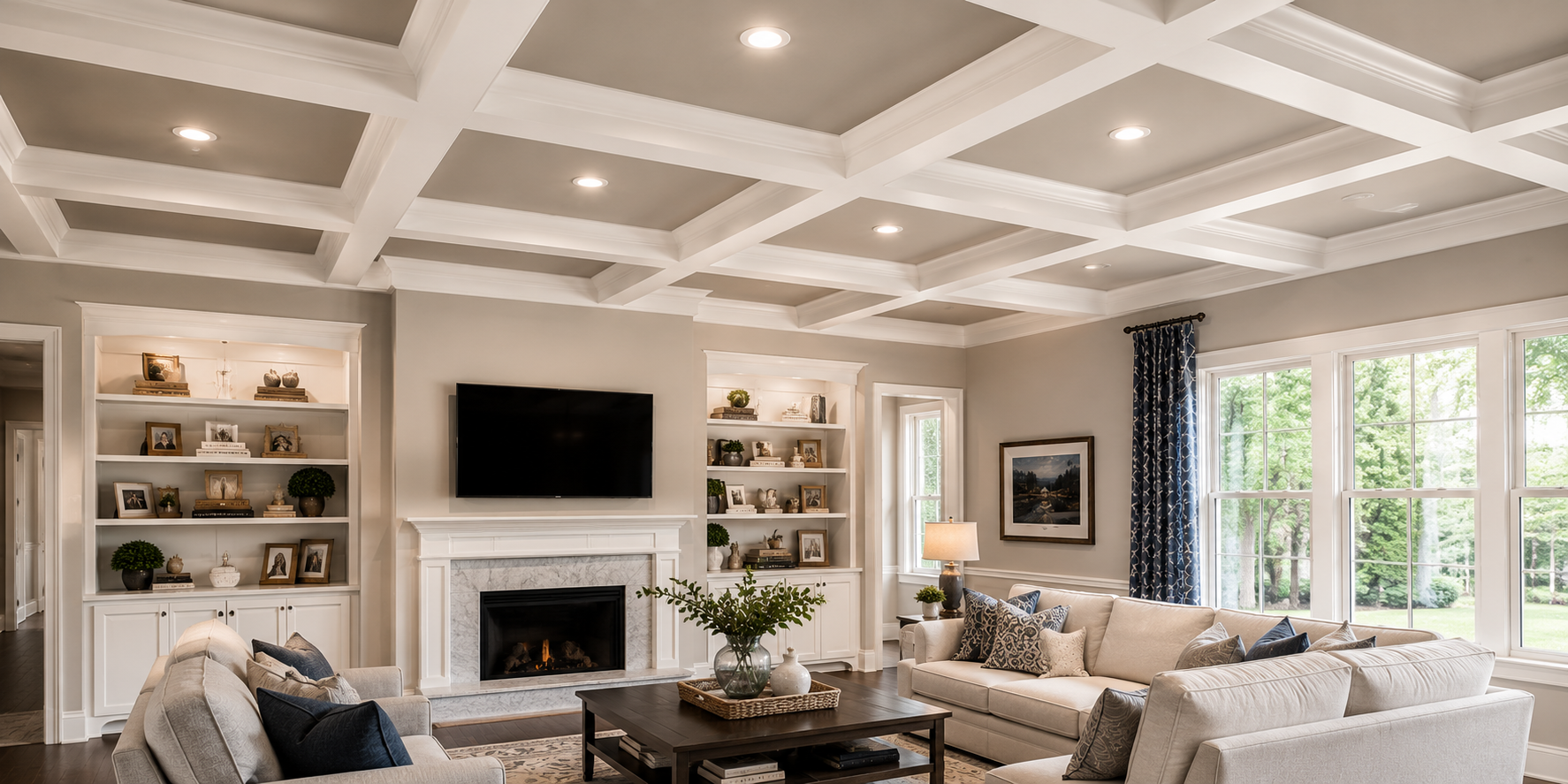 Modern coffered ceiling with white beams and recessed lighting, enhancing the room’s architectural elegance.