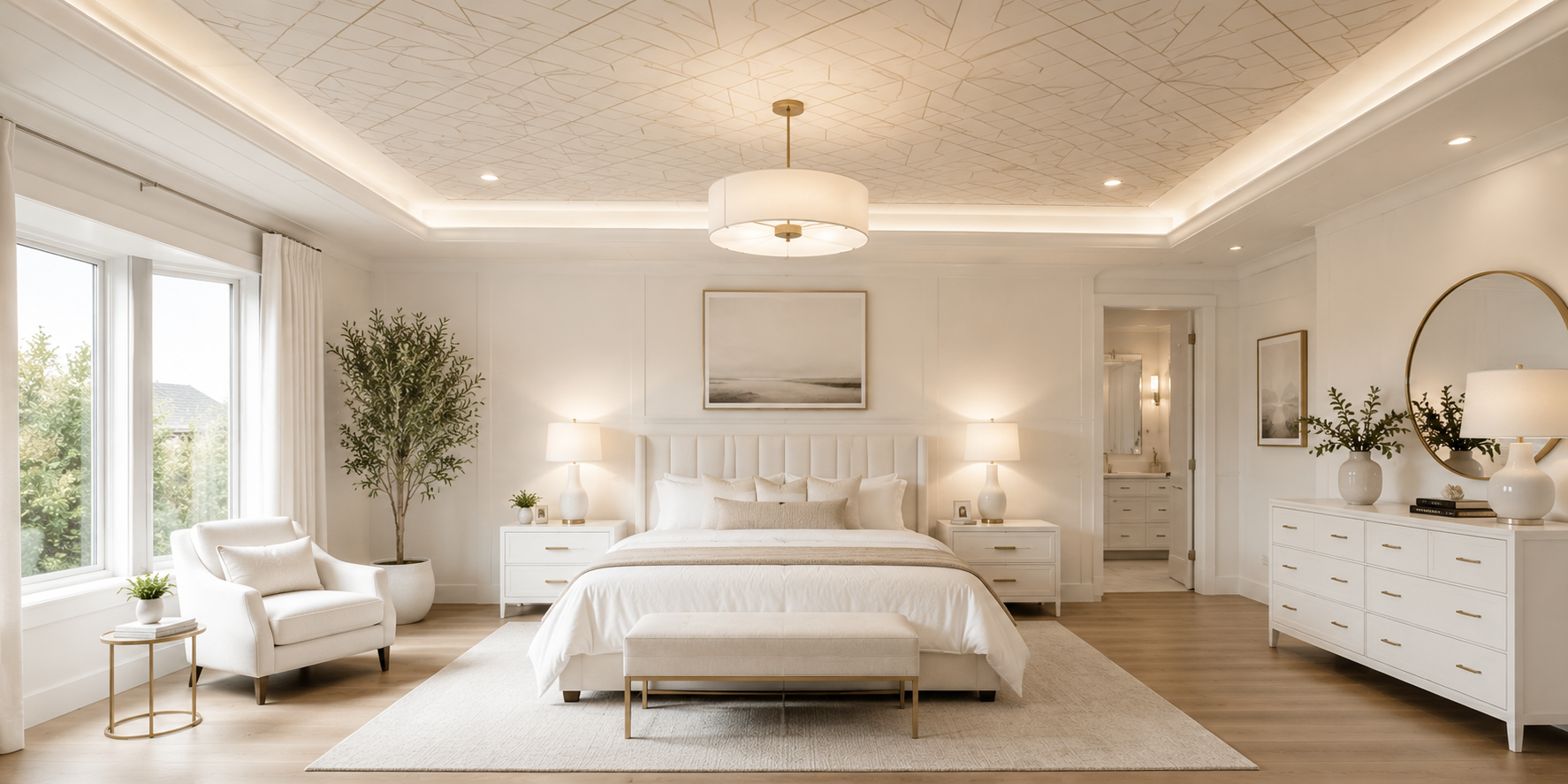 Elegant bedroom with pale geometric wallpapered ceiling, modern pendant light, and minimal white furnishings creating a calm yet stylish atmosphere.