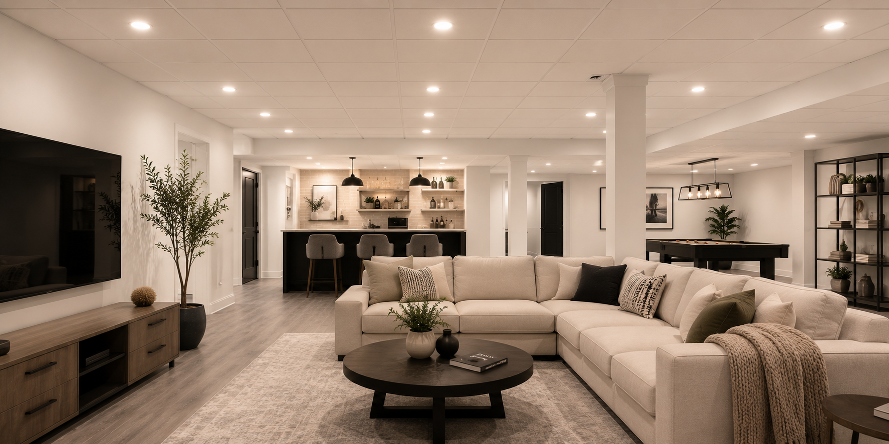 Modern basement living space with white suspended ceiling tiles, recessed lighting, and neutral decor for a polished, contemporary look.