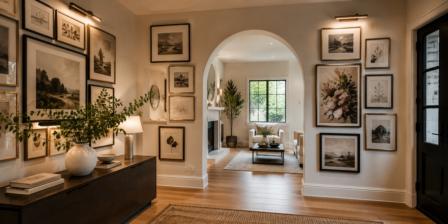 An interior archway surrounded by framed artwork and prints in matching tones, forming a cohesive gallery wall — stylish and curated decor.