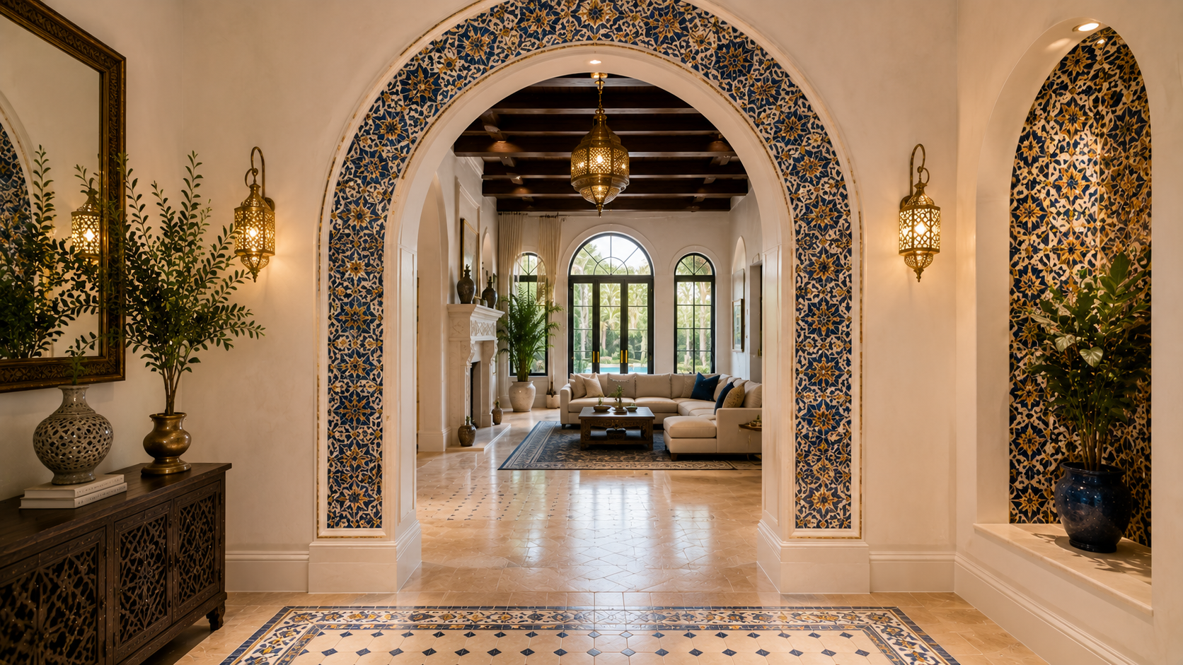 A decorative archway lined with Moroccan mosaic tiles in blue and gold patterns — exotic and luxurious craftsmanship.
