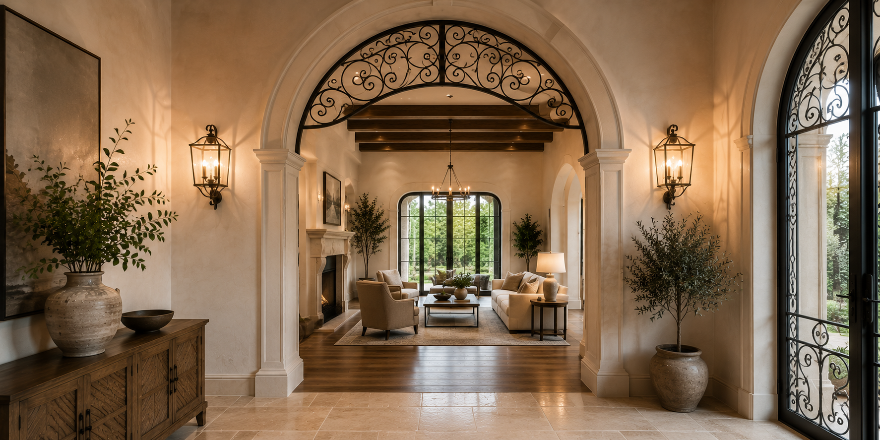 A European-style interior arch with wrought iron scroll detailing and ambient wall lighting — elegant handcrafted design.