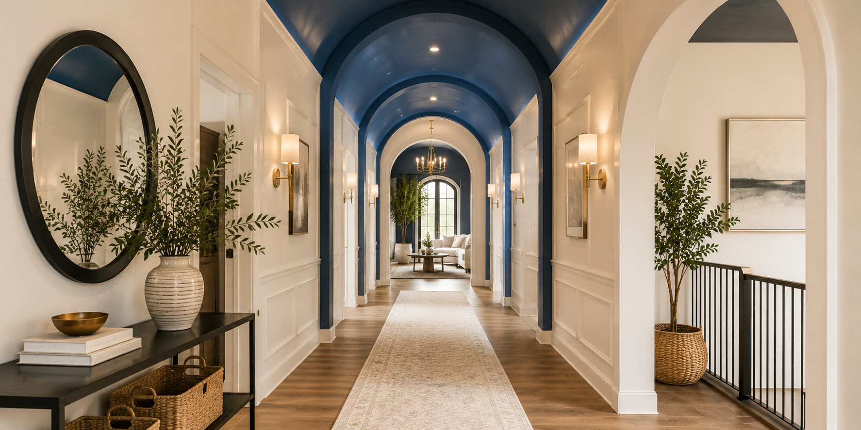 A hallway featuring an arched ceiling painted in a deep blue tone with subtle recessed lighting — a sophisticated and creative feature.