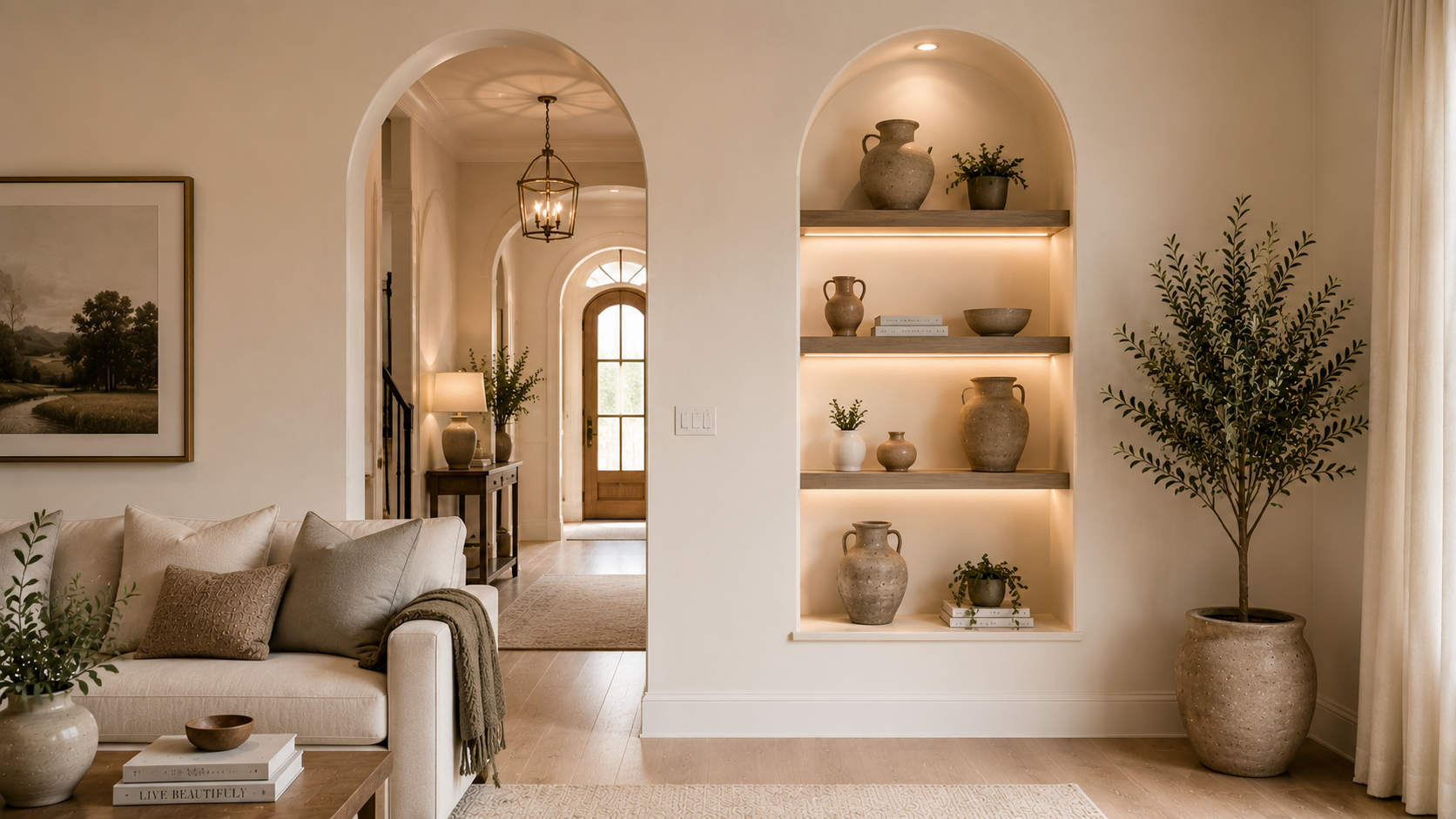 A recessed wall niche with an arched top displaying ceramics and soft interior lighting — refined architectural detail.