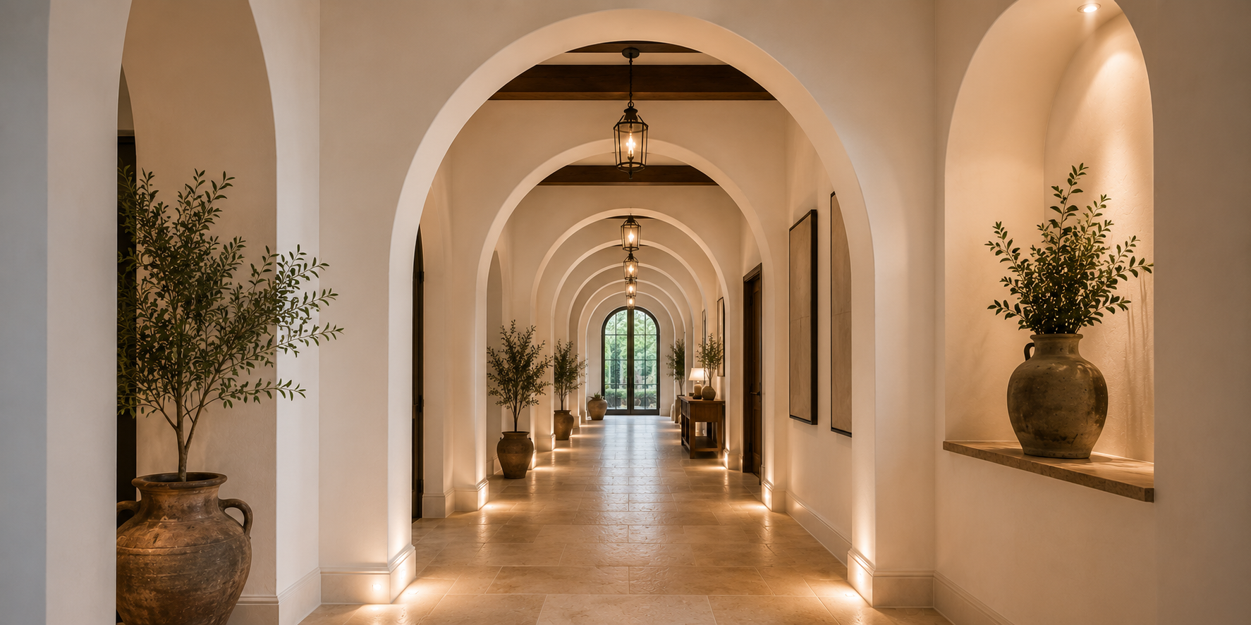 A long corridor with repeating white plaster arches and warm floor lighting — elegant and timeless architectural rhythm.