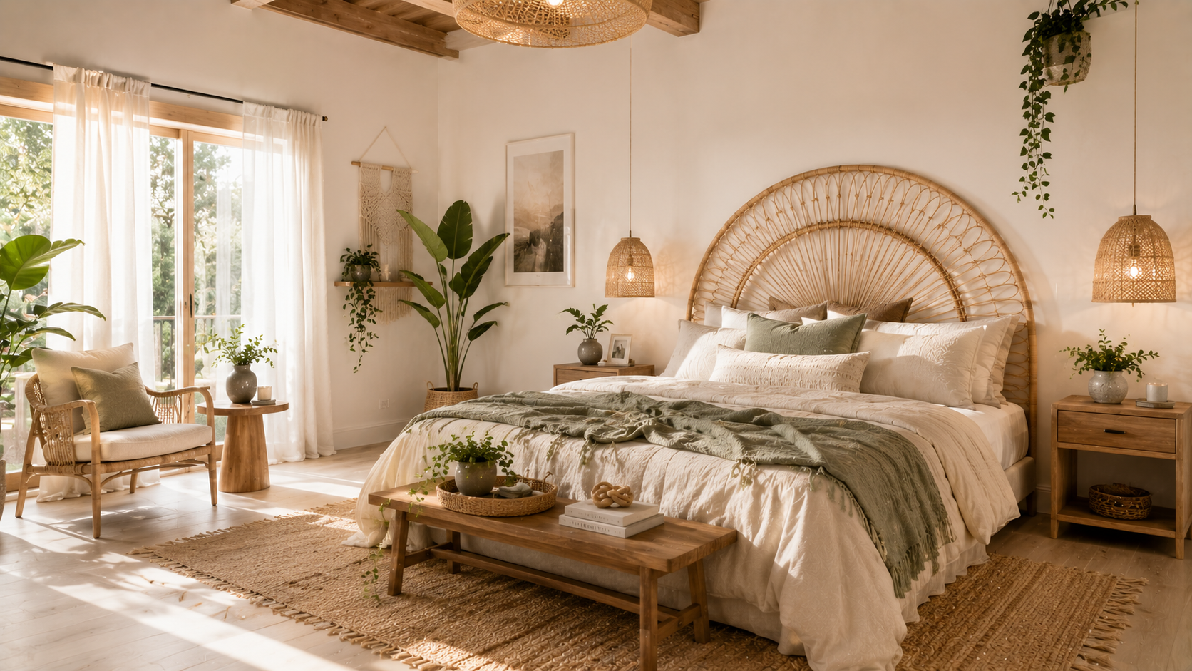 A bright boho bedroom with a fan-shaped woven rattan headboard, linen bedding, hanging plants, and neutral tones — airy and natural design.