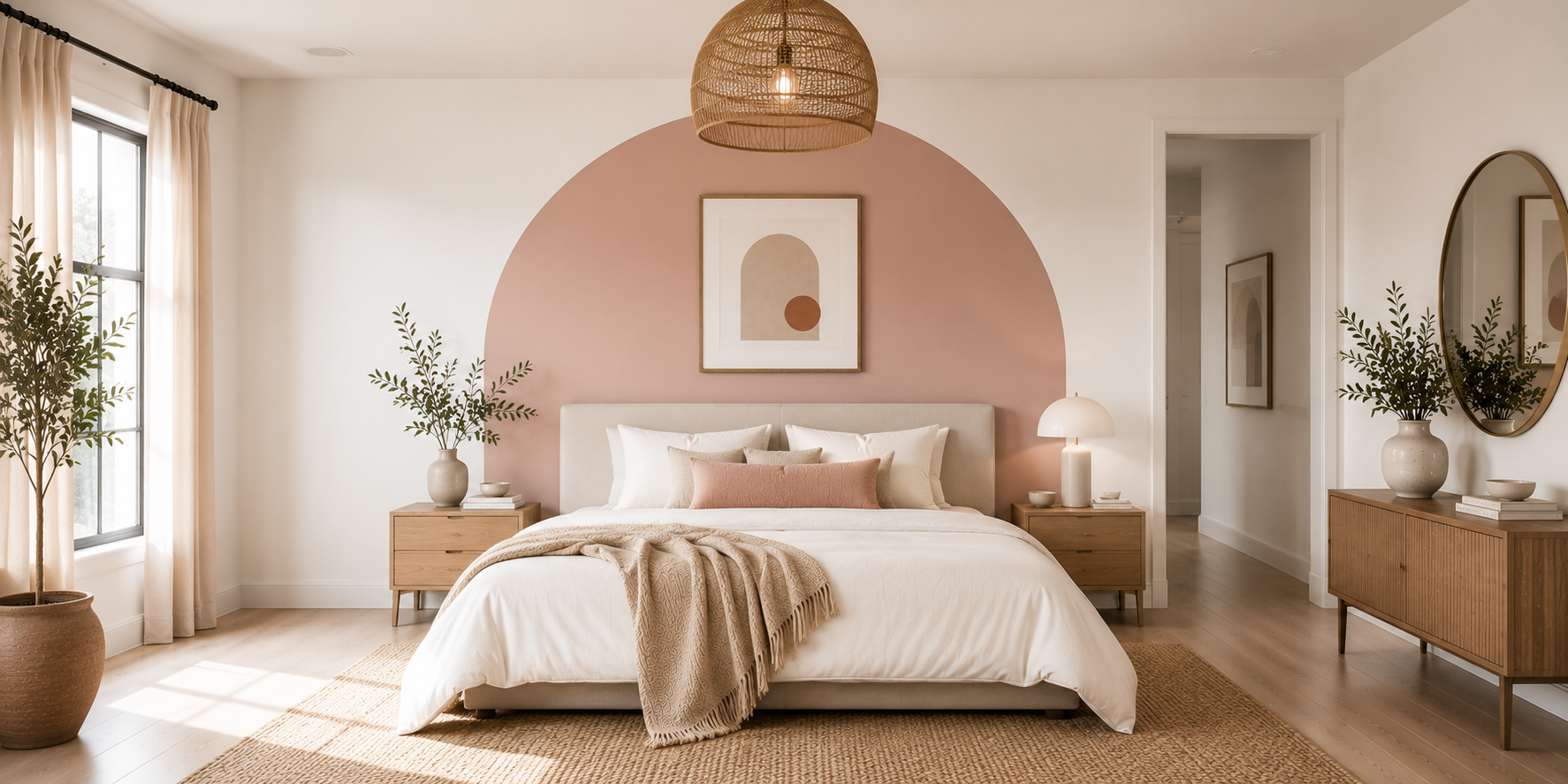 A minimalist bedroom featuring a painted blush arch headboard on a white wall with neutral bedding and framed art — artistic and soft atmosphere.