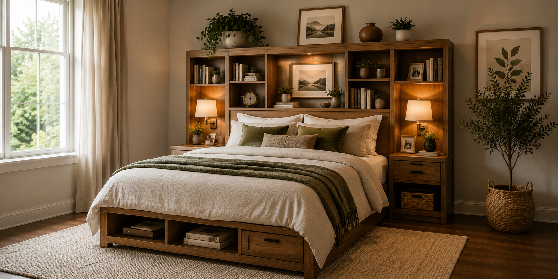 A wooden bookcase headboard with open shelves displaying books, decor, and warm bedside lighting — compact and organized setup.