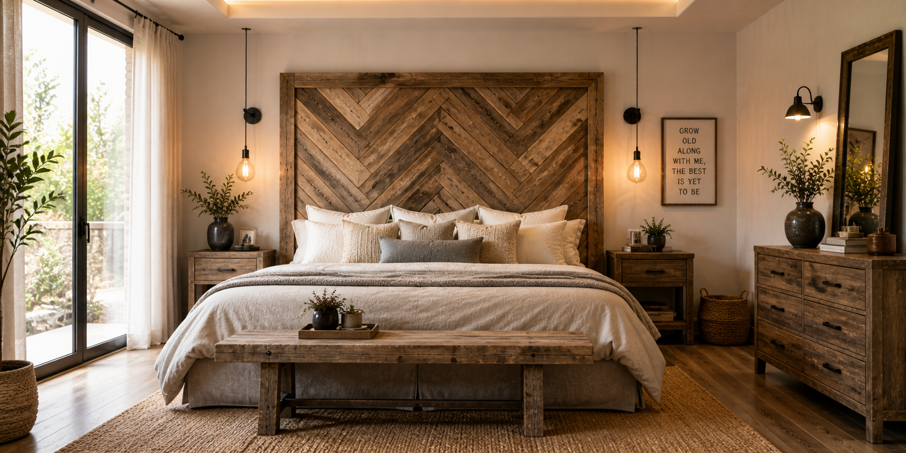 A rustic headboard made from reclaimed pallet wood arranged in a herringbone pattern, with cozy neutral bedding and hanging Edison bulbs.