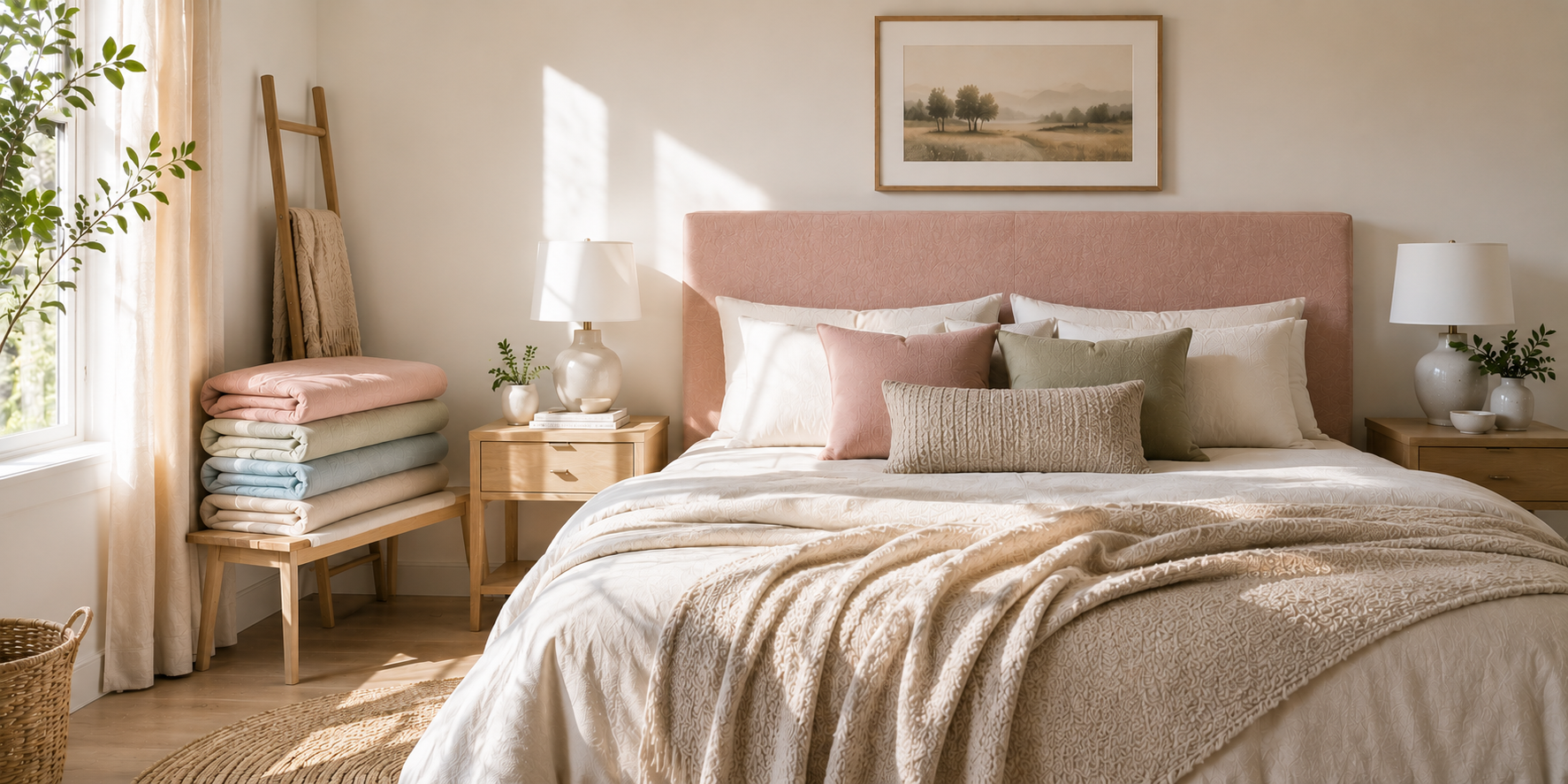 A DIY upholstered headboard with interchangeable pastel fabric covers, styled with cozy layered bedding and natural lighting.