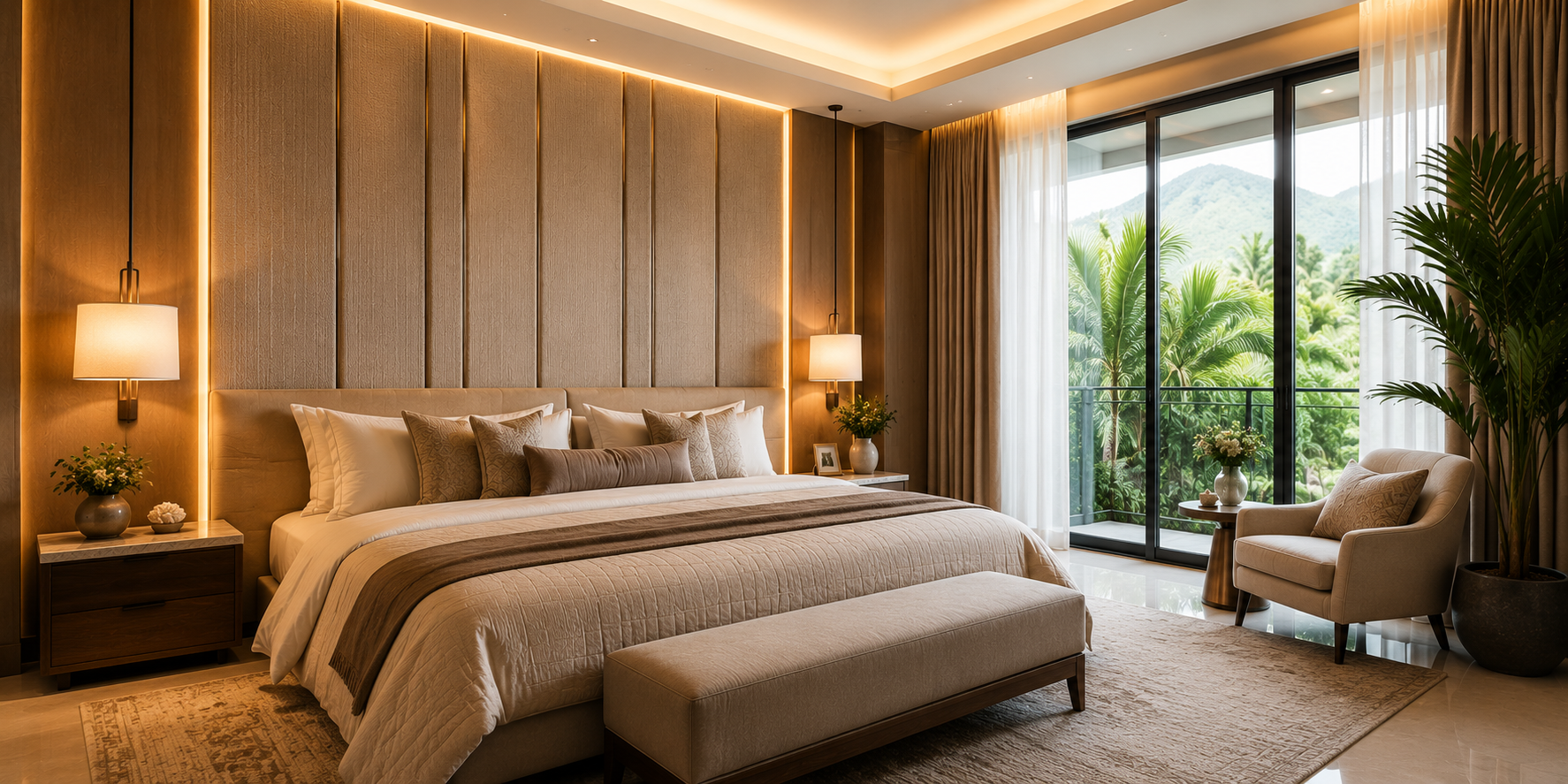 A sophisticated bedroom with floor-to-ceiling fabric wall panels, backlit edges, and plush bedding — refined resort-style atmosphere.