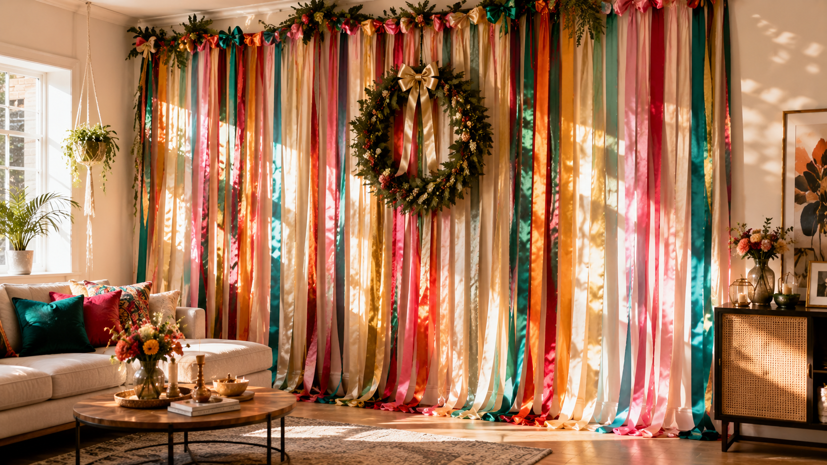 A festive interior wall with cascading multi-colored satin ribbon streamers, layered textures, and natural light reflections — bright, cheerful ambiance.