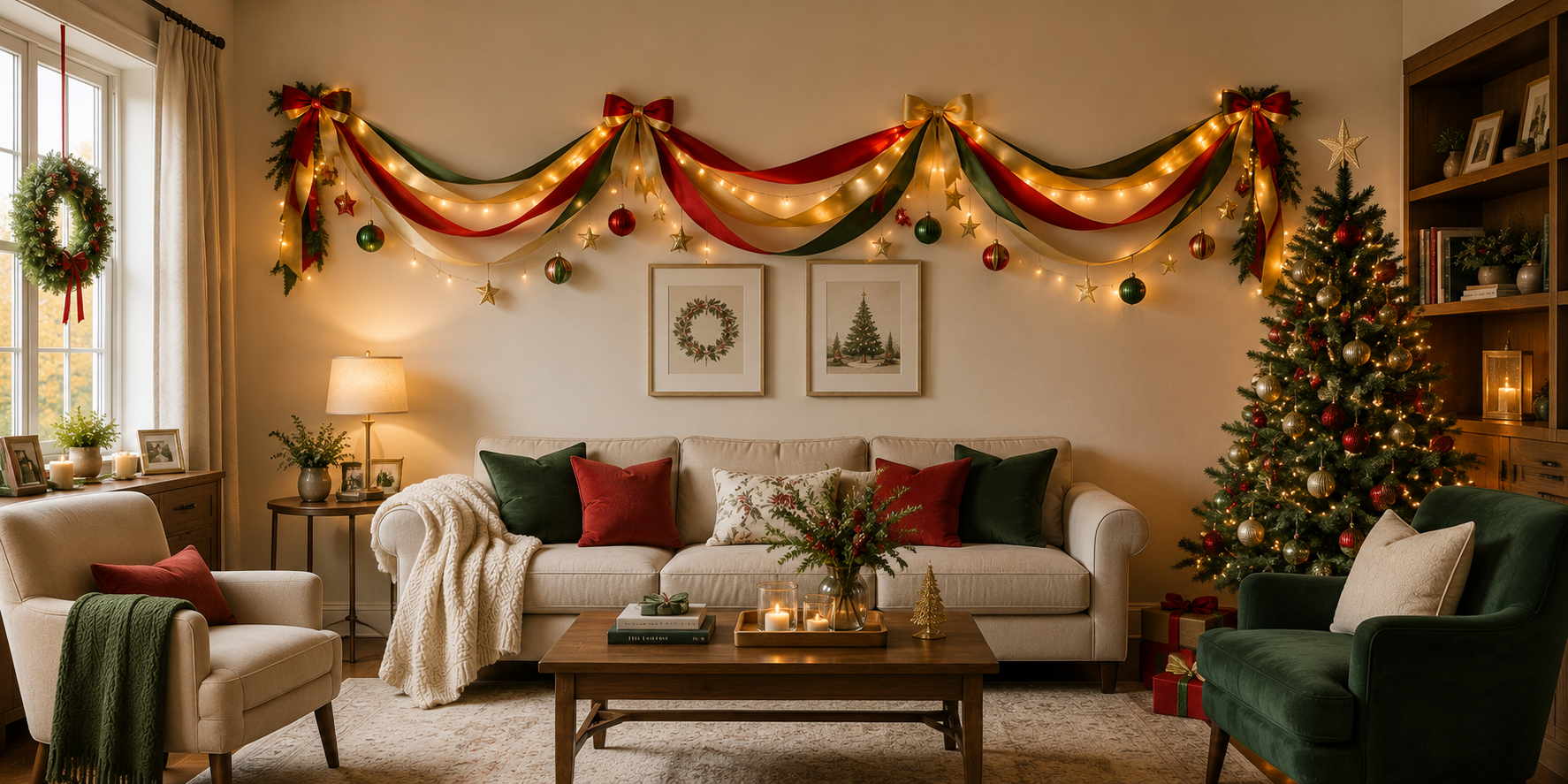 A ribbon garland in red, gold, and green draped across a living room wall with fairy lights and small ornaments — cozy holiday style.