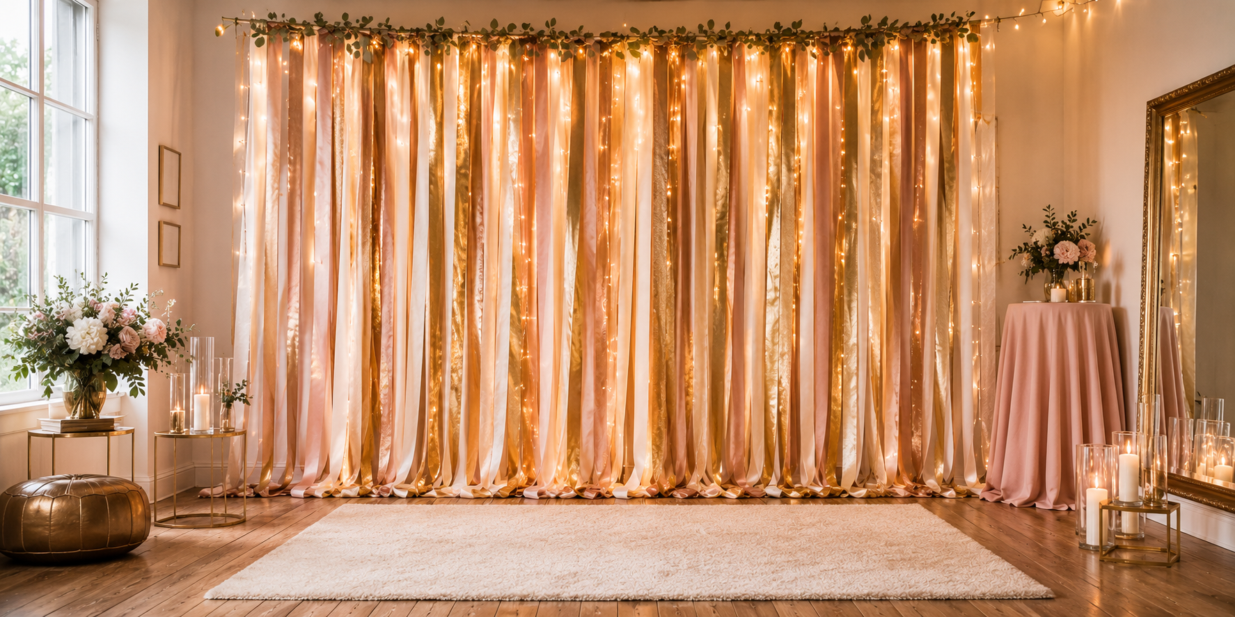 A festive ribbon wall photo backdrop with layered metallic and satin ribbons in gold, blush, and ivory — illuminated with soft string lights.