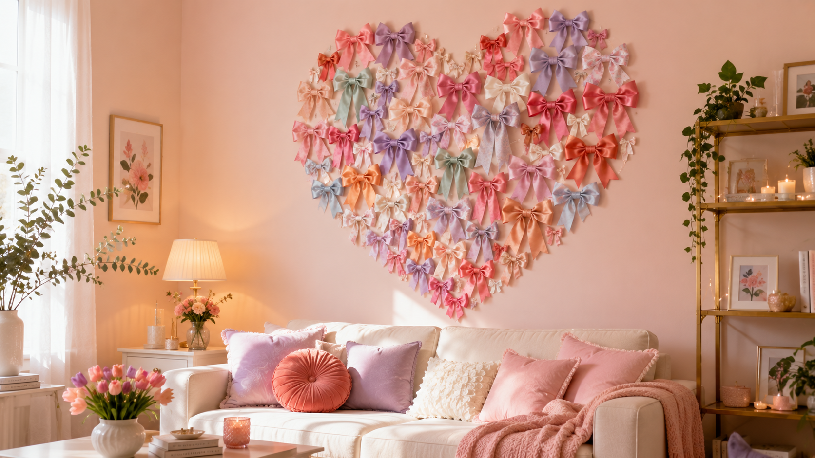 A pastel-themed wall decorated with a collage of colorful bows arranged in a heart shape — soft lighting and whimsical design.