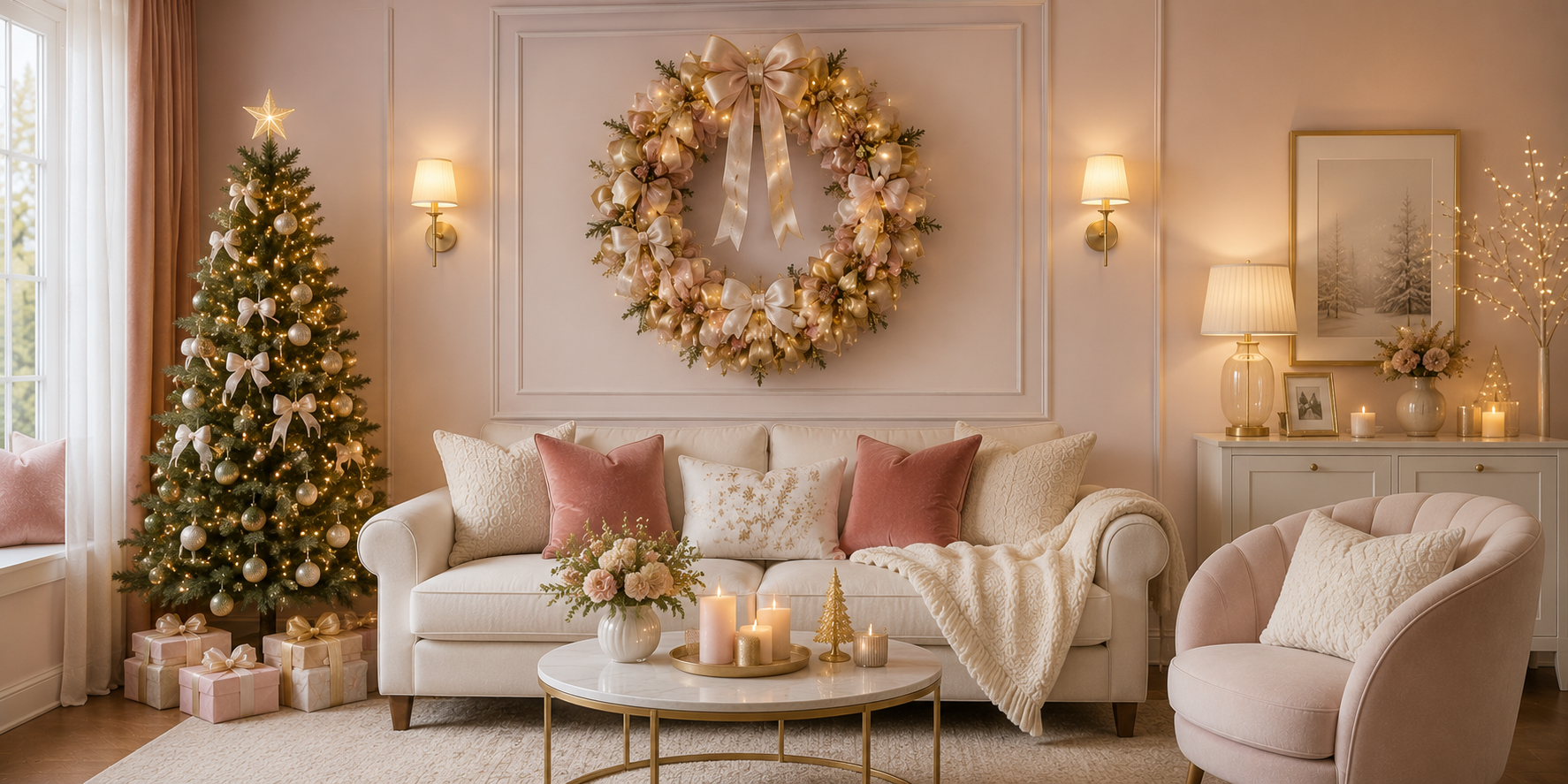 A handmade ribbon wreath in gold, white, and blush tones hanging on a pastel wall — soft, festive lighting and cozy decor.