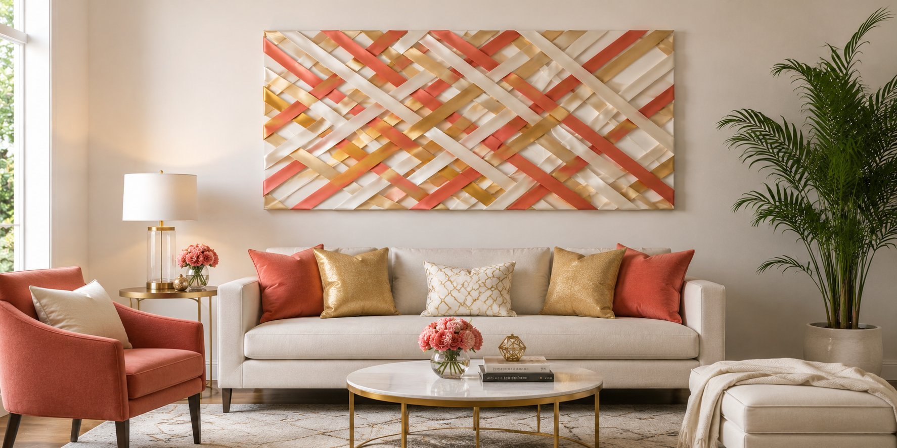 A modern wall panel art made of crisscrossed satin ribbons in coral, gold, and ivory tones — a contemporary decorative wall installation.
