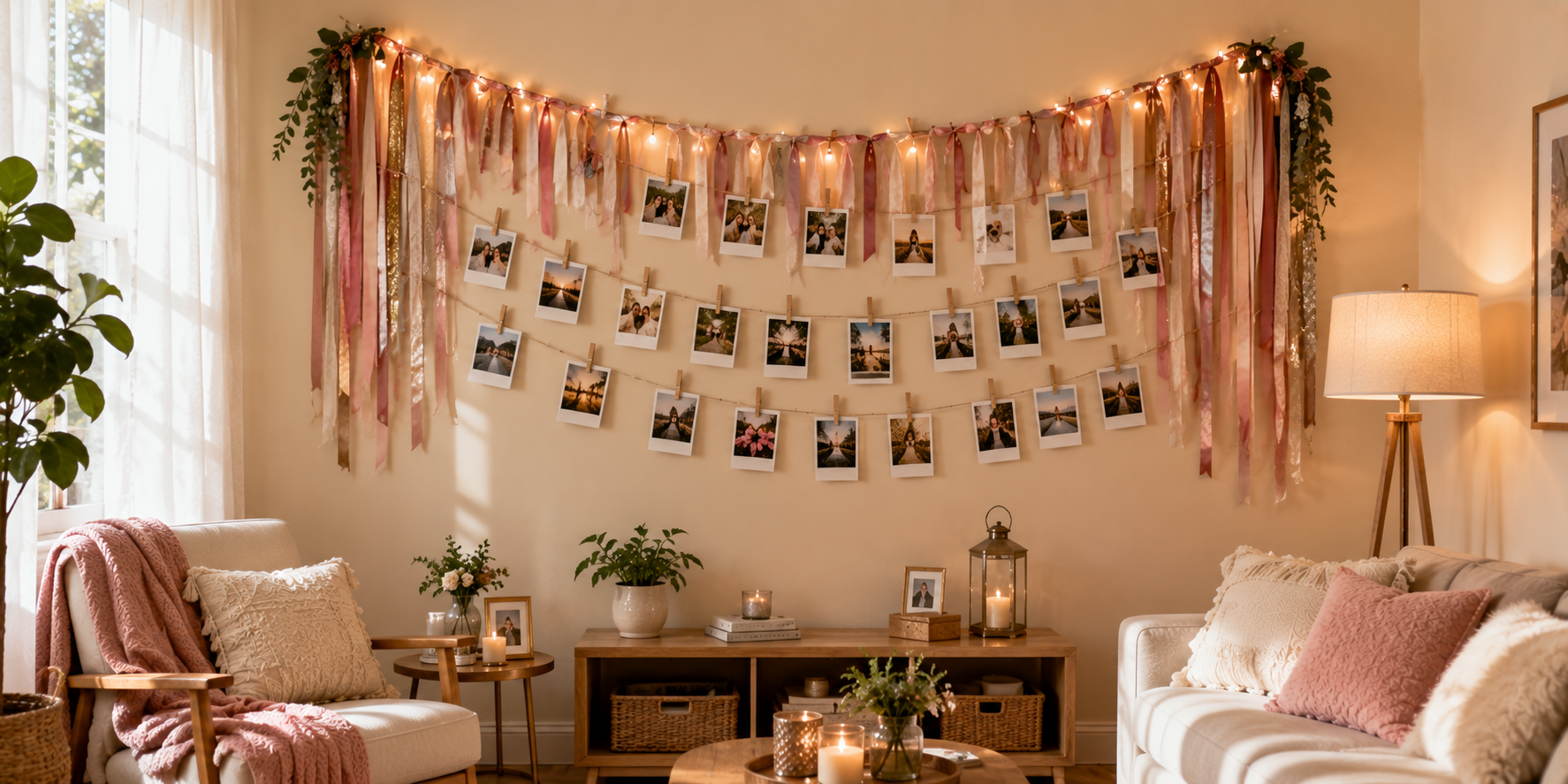A wall garland made of ribbons with hanging photos clipped using wooden pins — cozy home setting with warm light.