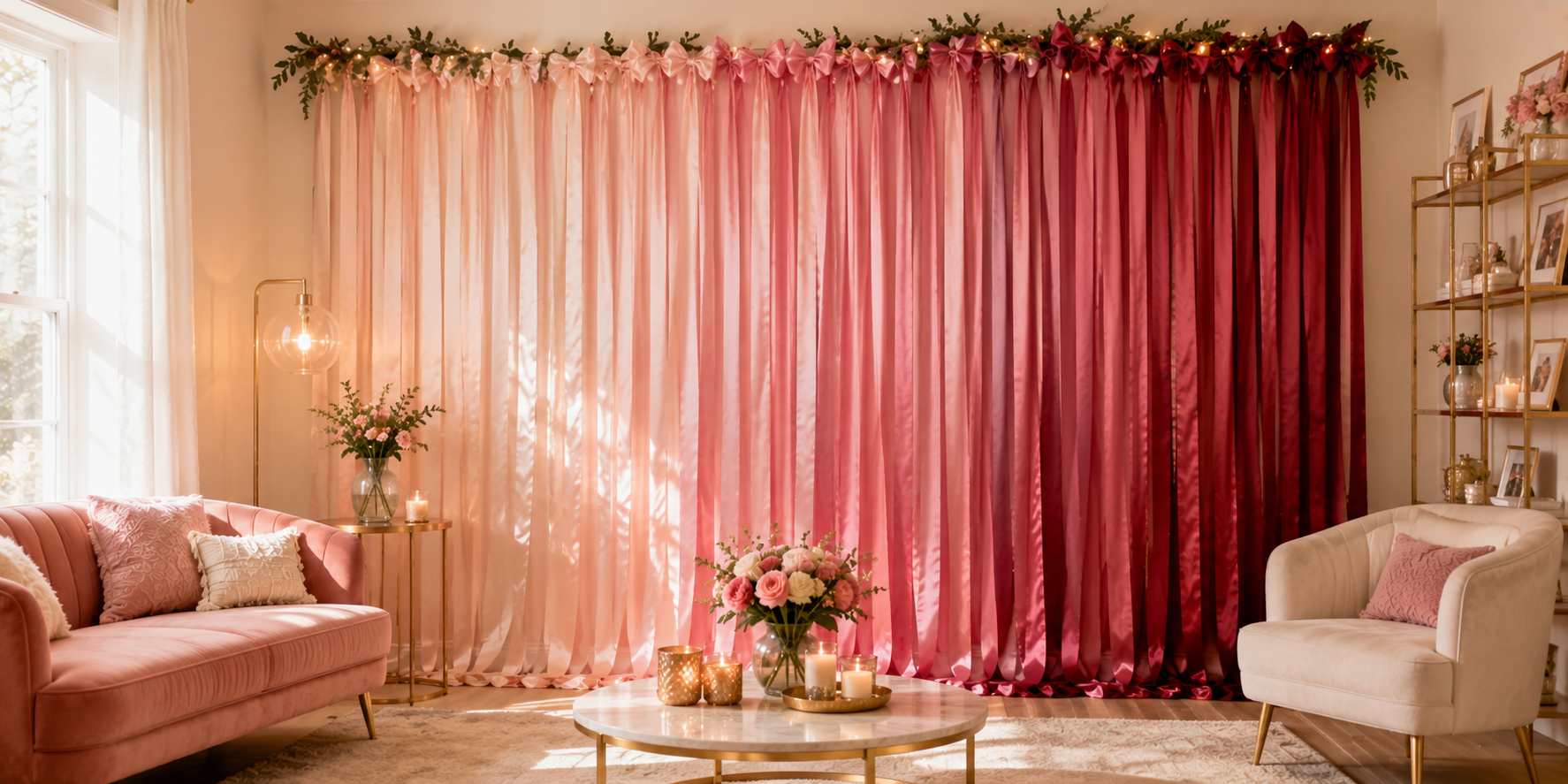A decorative wall with cascading ombre ribbons transitioning from blush pink to rose and burgundy — elegant, modern design.