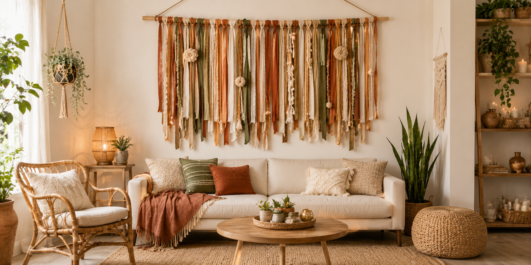A boho-style ribbon tapestry hanging from a wooden rod, featuring mixed textures and layered ribbons in earthy tones — cozy, handmade look.
